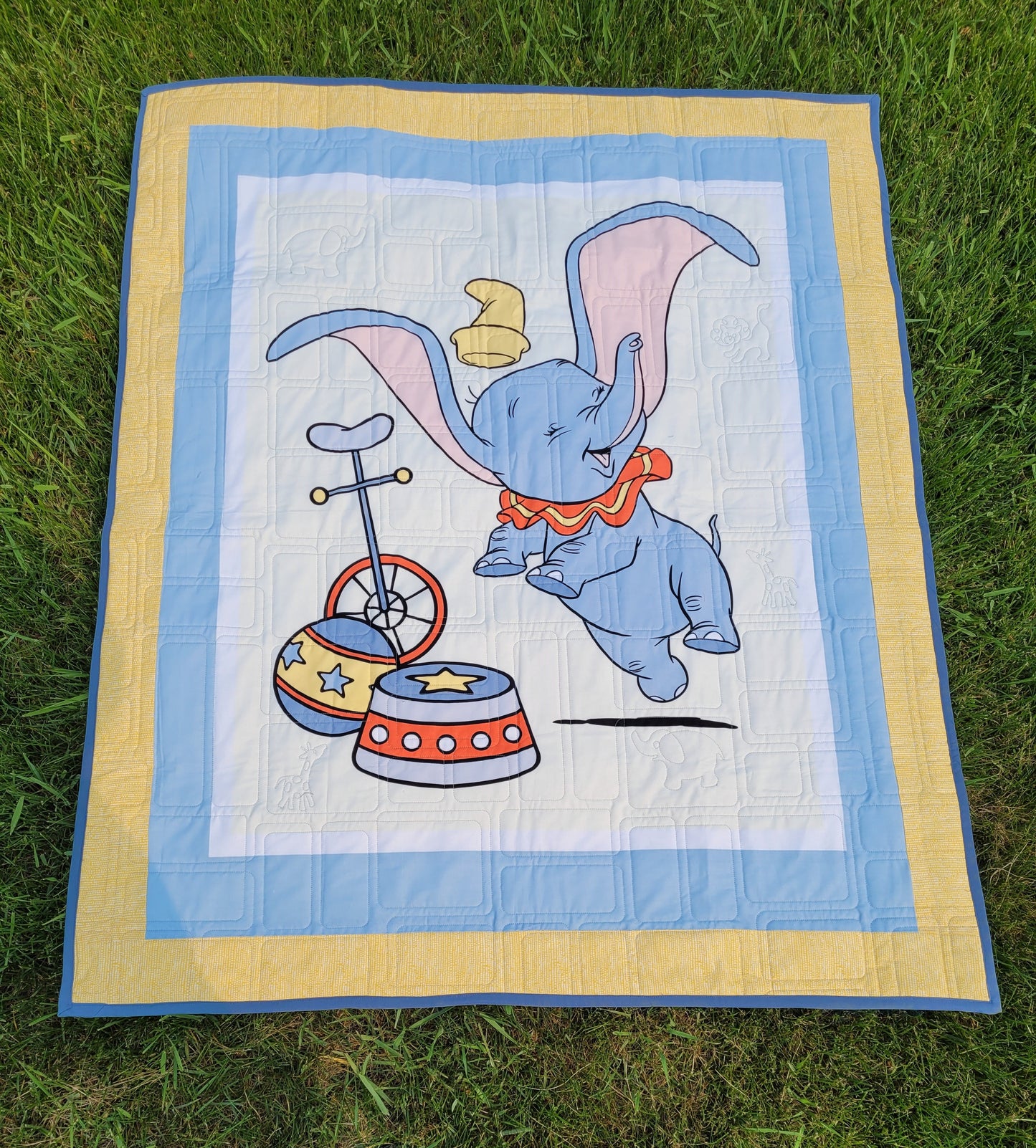 Dumbo Circus Toddler Quilt or Playmat - Yellows and Blues approx 41 x 48 inches -- baby shower or birthday gift