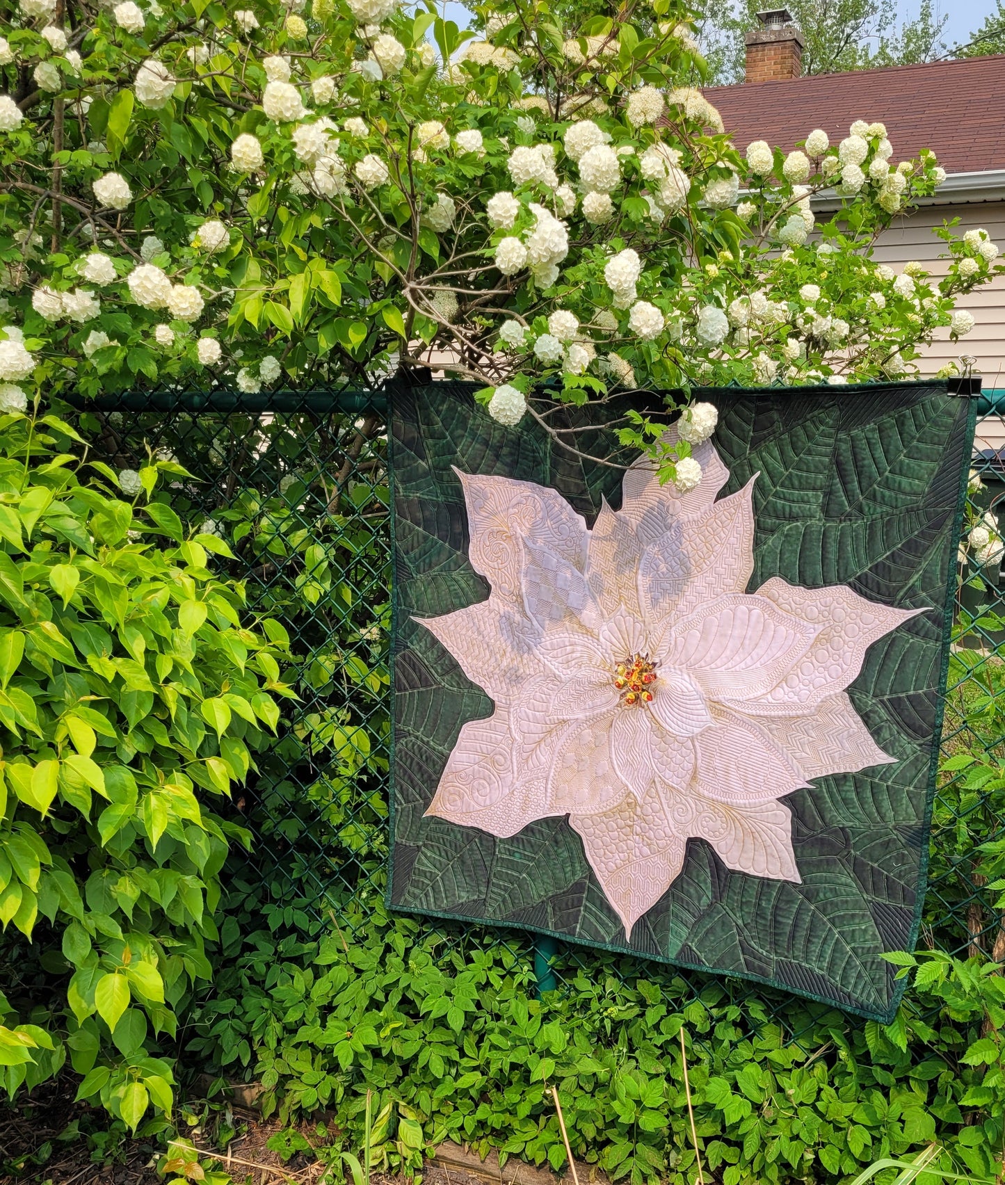 Dream Big White Poinsettia Quilted Wall Hanging or Table topper, approx 43 x 43 inches