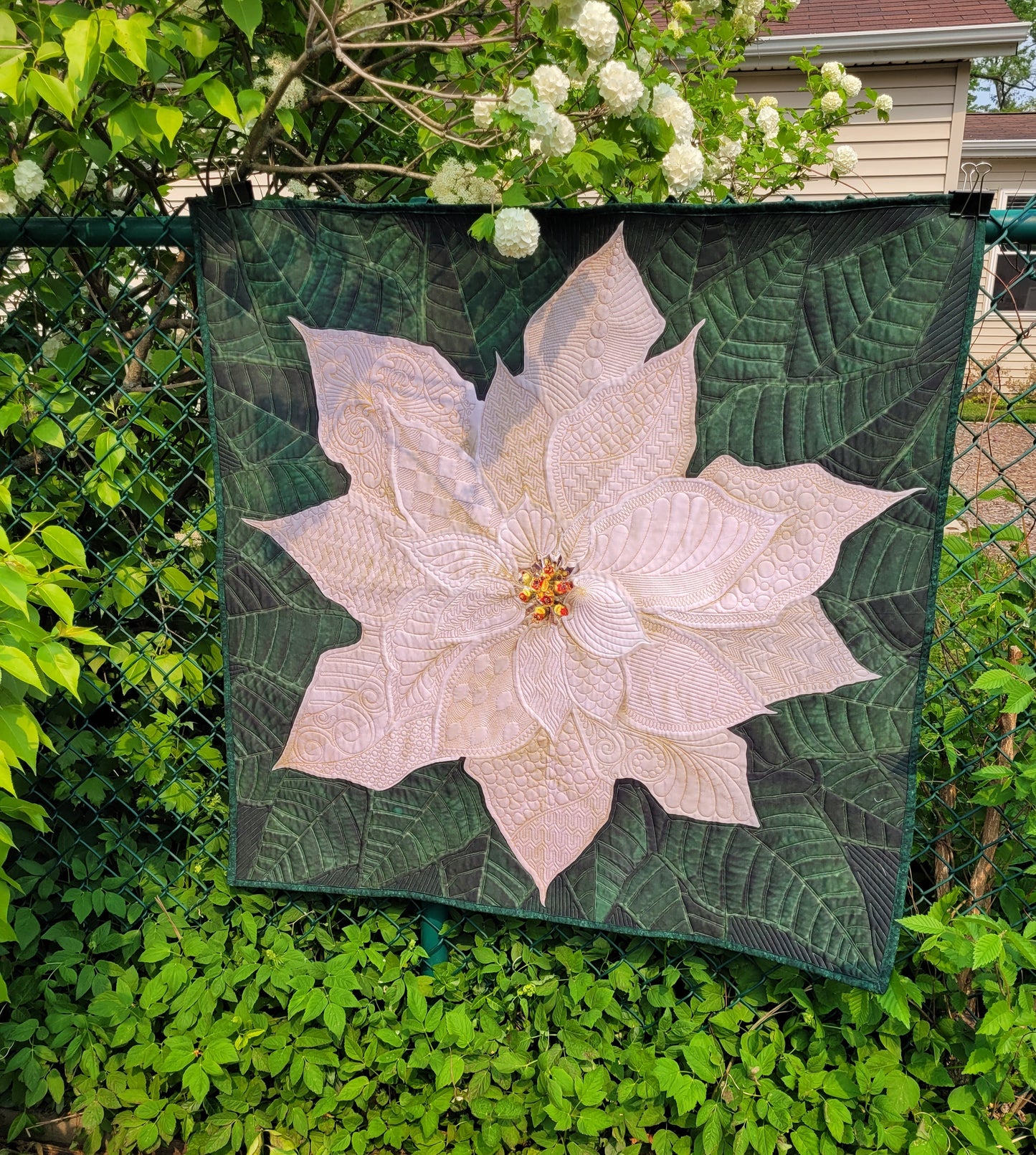 Dream Big White Poinsettia Quilted Wall Hanging or Table topper, approx 43 x 43 inches