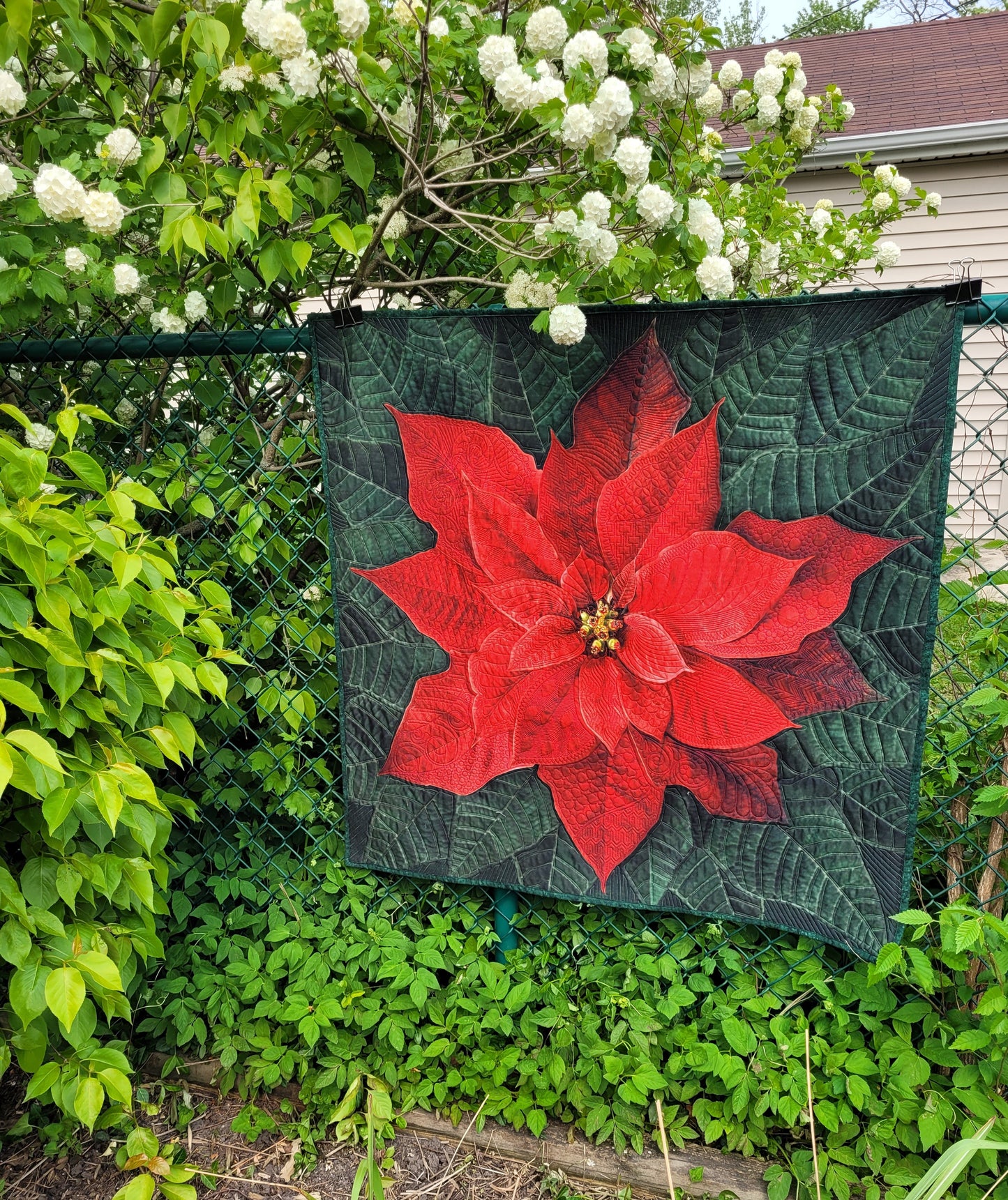 Dream Big Red Poinsettia Quilted Wall Hanging or Table topper, approx 43 x 43 inches