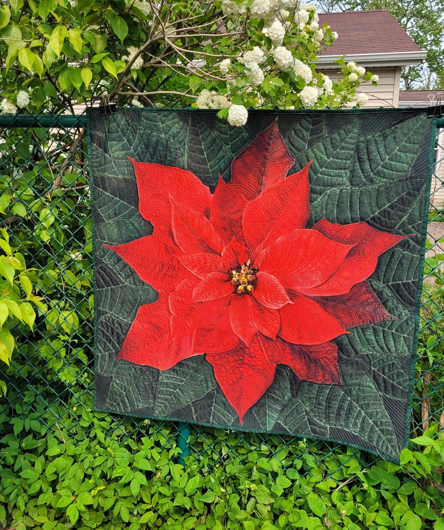 Dream Big Red Poinsettia Quilted Wall Hanging or Table topper, approx 43 x 43 inches