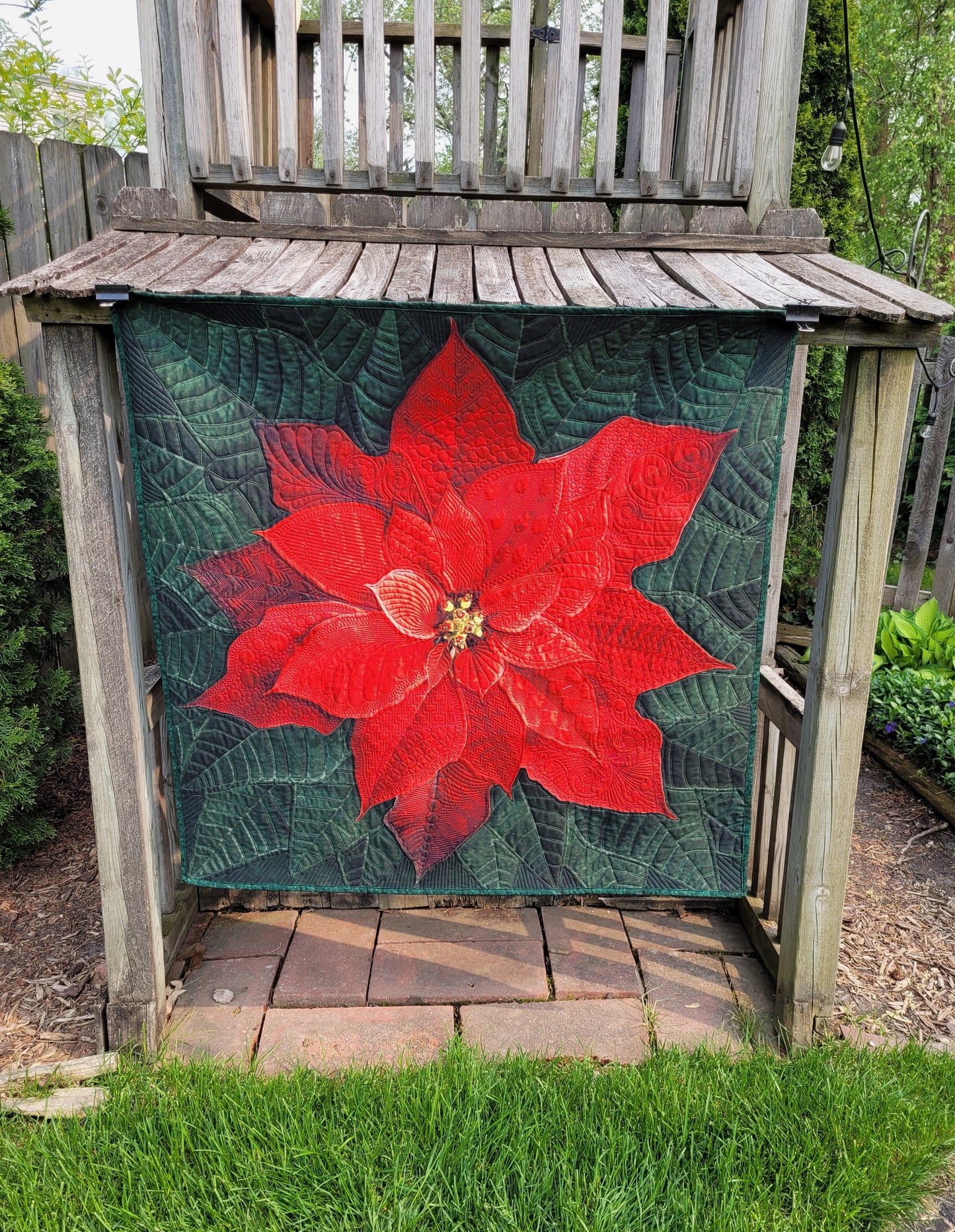 Dream Big Red Poinsettia Quilted Wall Hanging or Table topper, approx 43 x 43 inches