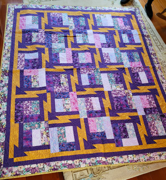 Sold Out Large Contemporary Gold and Purple Geometric Arrow design Quilt, Wall Hanging, approx 70 x 84 inches