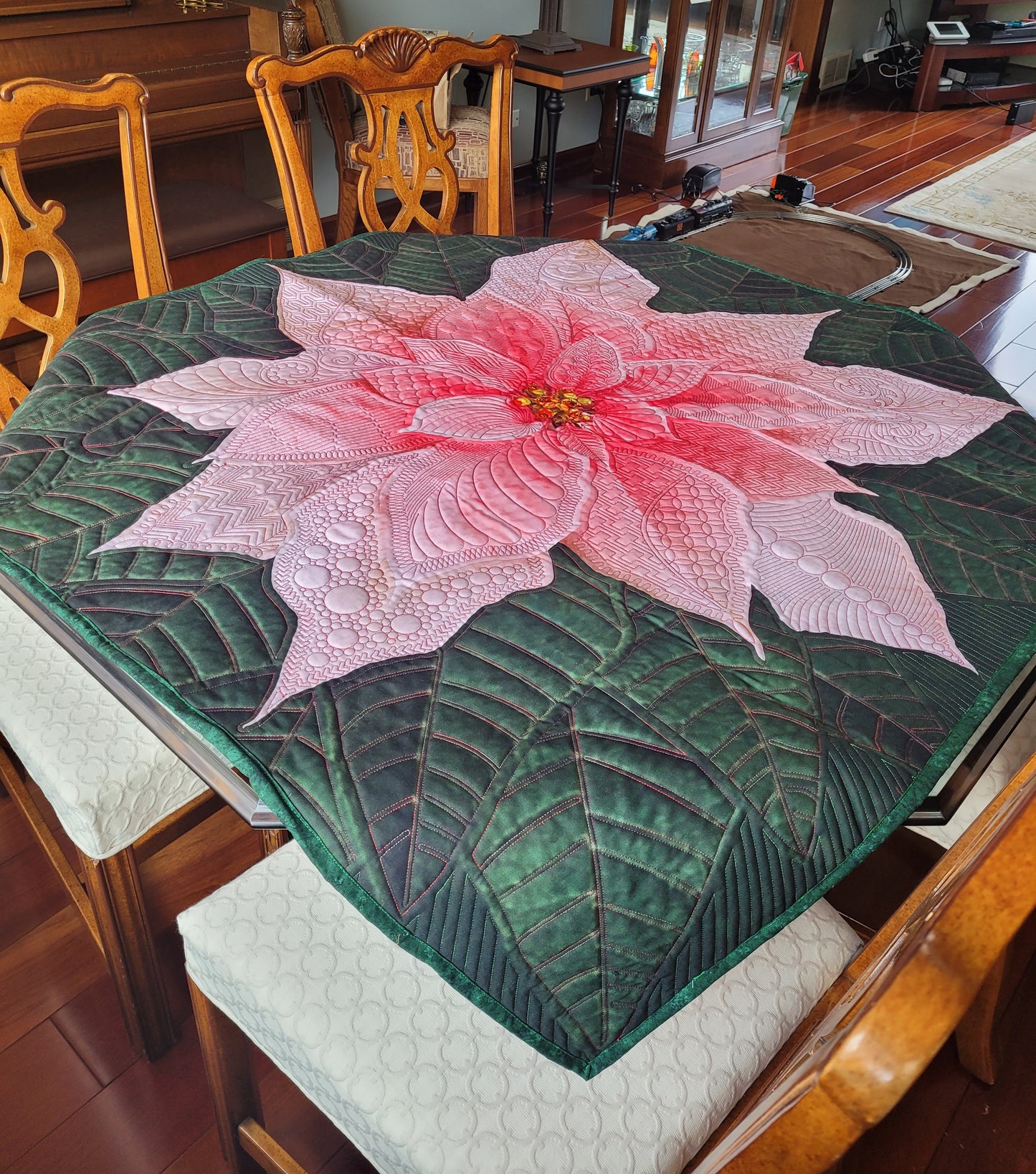 Dream Big Pink Poinsettia Quilted Wall Hanging or Table topper, approx 43 x 43 inches