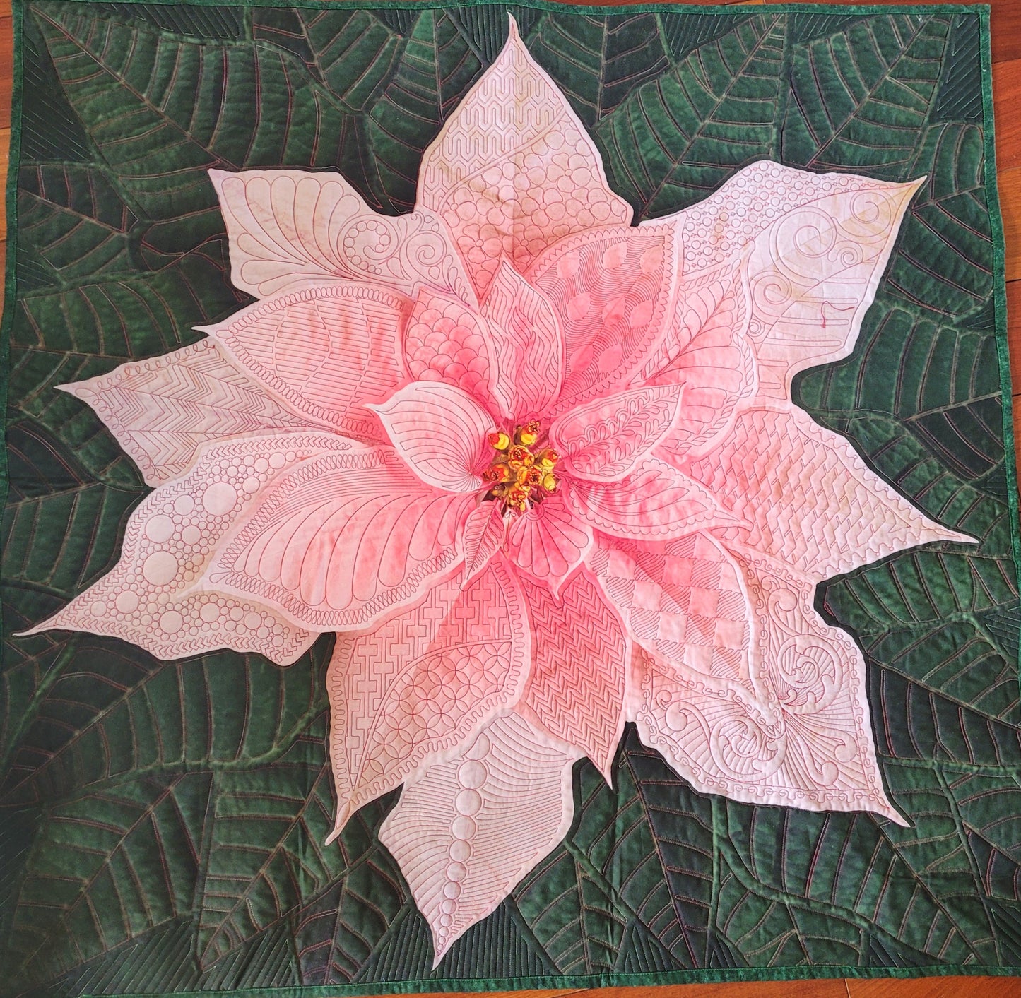 Dream Big Pink Poinsettia Quilted Wall Hanging or Table topper, approx 43 x 43 inches