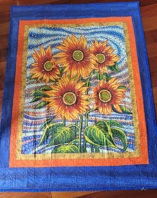 Contemporary Handmade Sunflower / Floral Lap Quilt, Wall Hanging, Bright Orange and Yellow Sunflowers bordered in Blue approx 46 x 60 inches