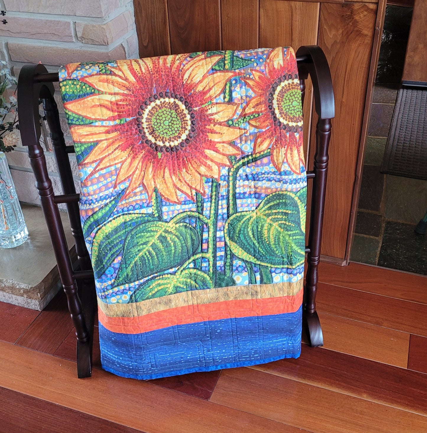 Contemporary Handmade Sunflower / Floral Lap Quilt, Wall Hanging, Bright Orange and Yellow Sunflowers bordered in Blue approx 46 x 60 inches