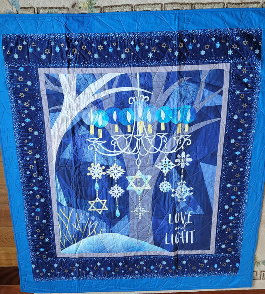 Contemporary Blue and Gold Hannukah Menorah Lap Quilt, Wall Hanging, approx 50 x 59 inches. Love and Light