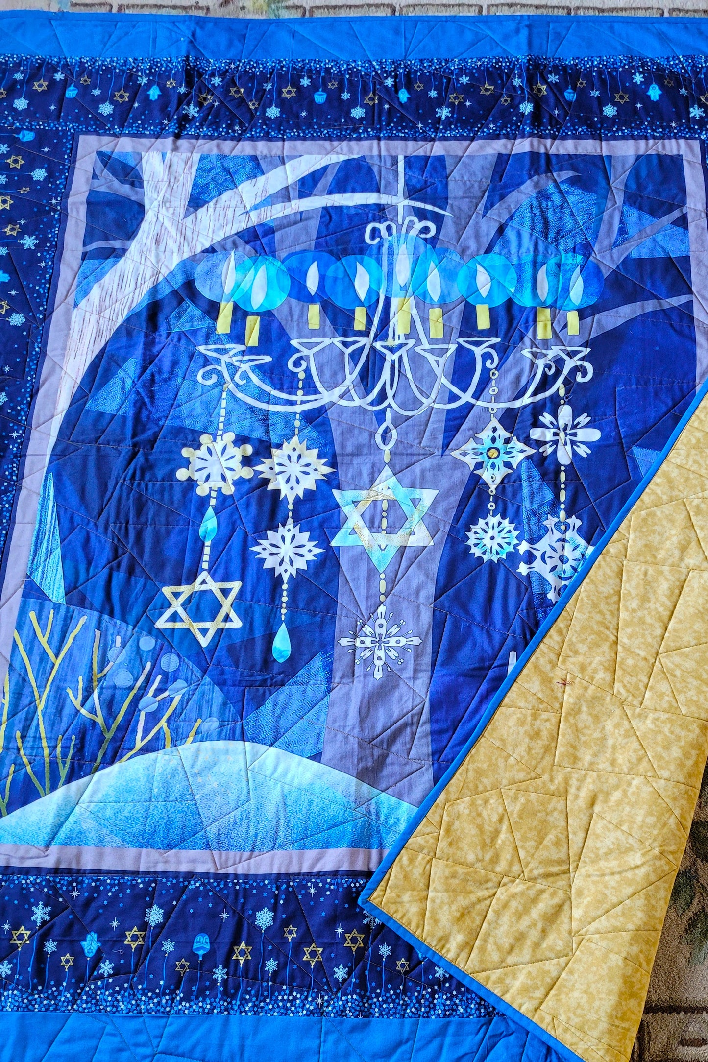 Contemporary Blue and Gold Hannukah Menorah Lap Quilt, Wall Hanging, approx 50 x 59 inches. Love and Light