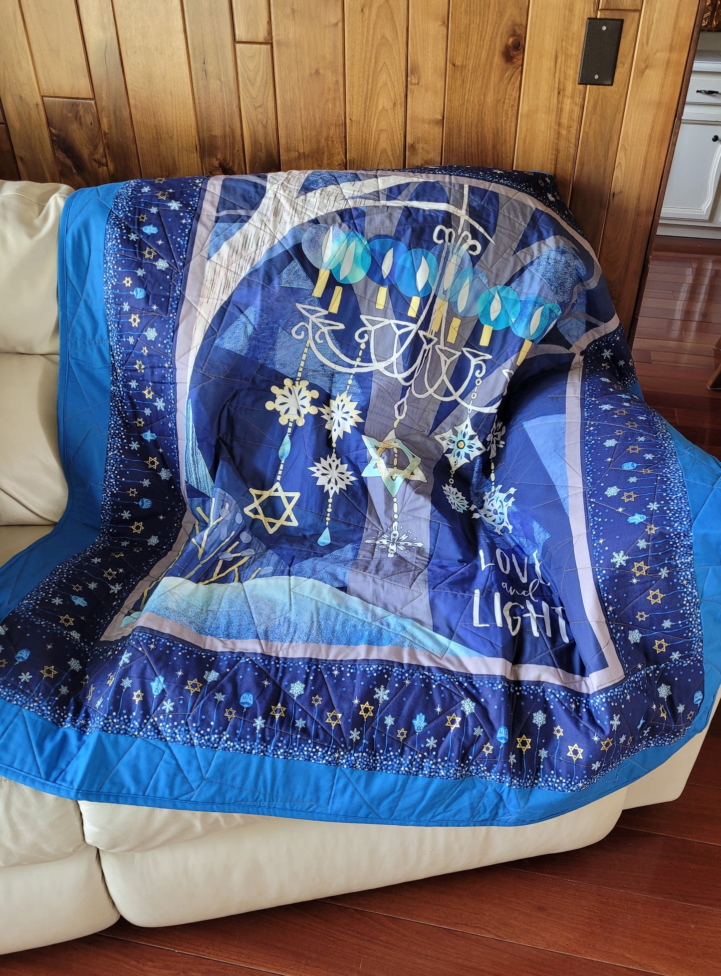 Contemporary Blue and Gold Hannukah Menorah Lap Quilt, Wall Hanging, approx 50 x 59 inches. Love and Light