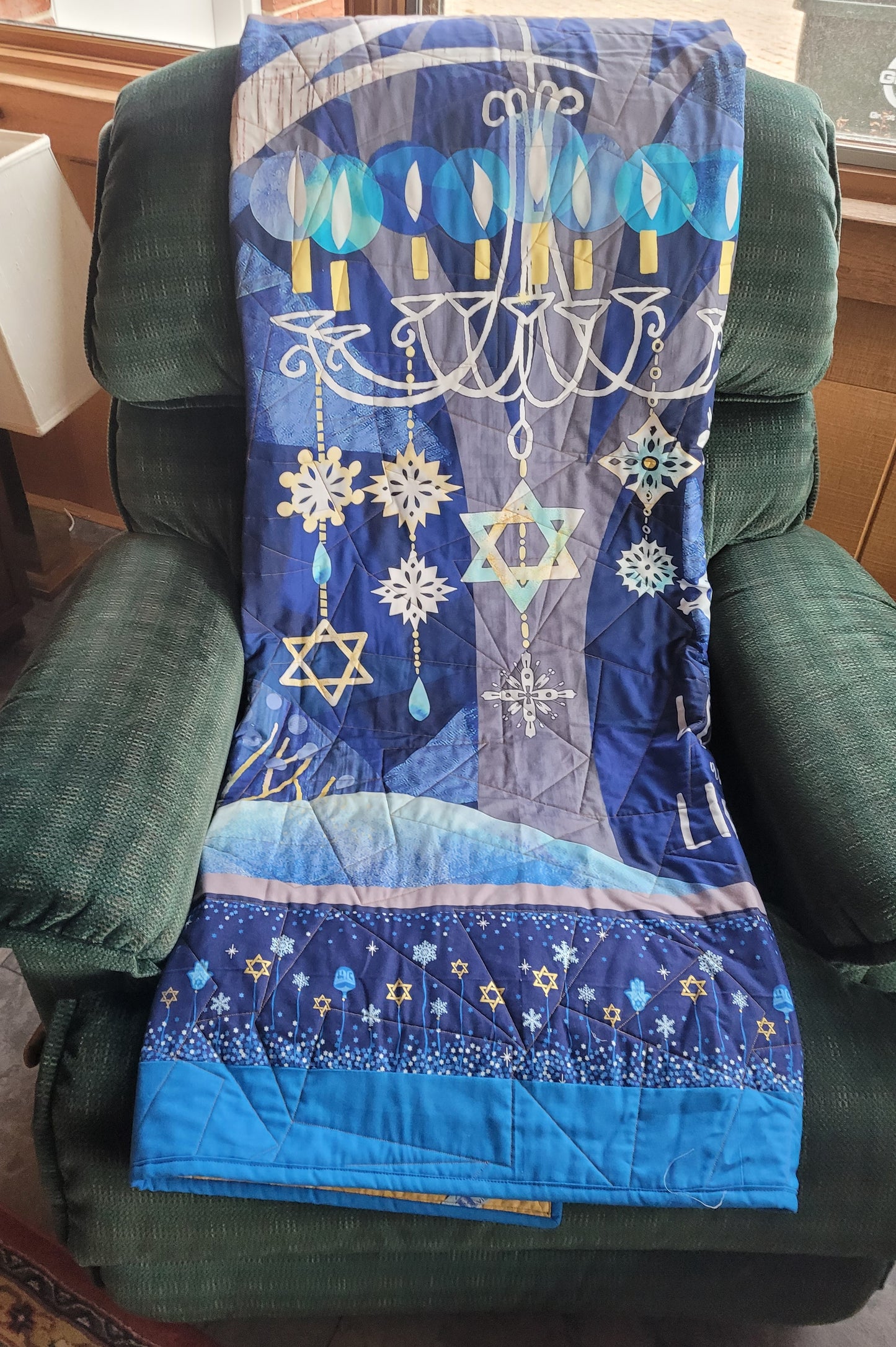 Contemporary Blue and Gold Hannukah Menorah Lap Quilt, Wall Hanging, approx 50 x 59 inches. Love and Light