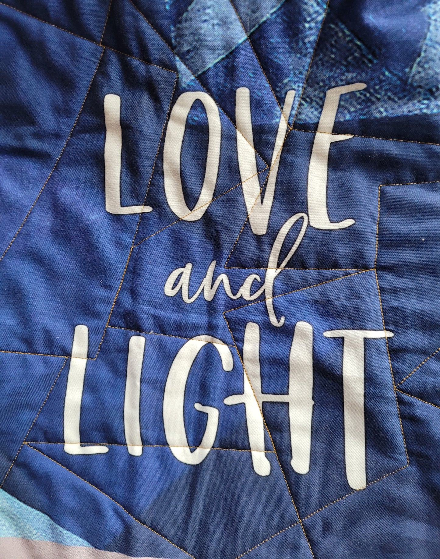 Contemporary Blue and Gold Hannukah Menorah Lap Quilt, Wall Hanging, approx 50 x 59 inches. Love and Light