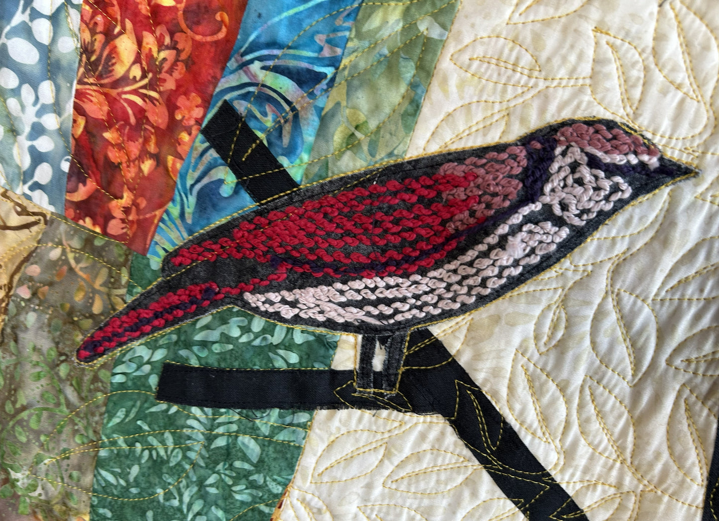 Sold Out Modern Multicolor Batik Bird Quilted Wall Hanging - Thread Art Colorful Bird Appliques - approx 60 x 75 inches