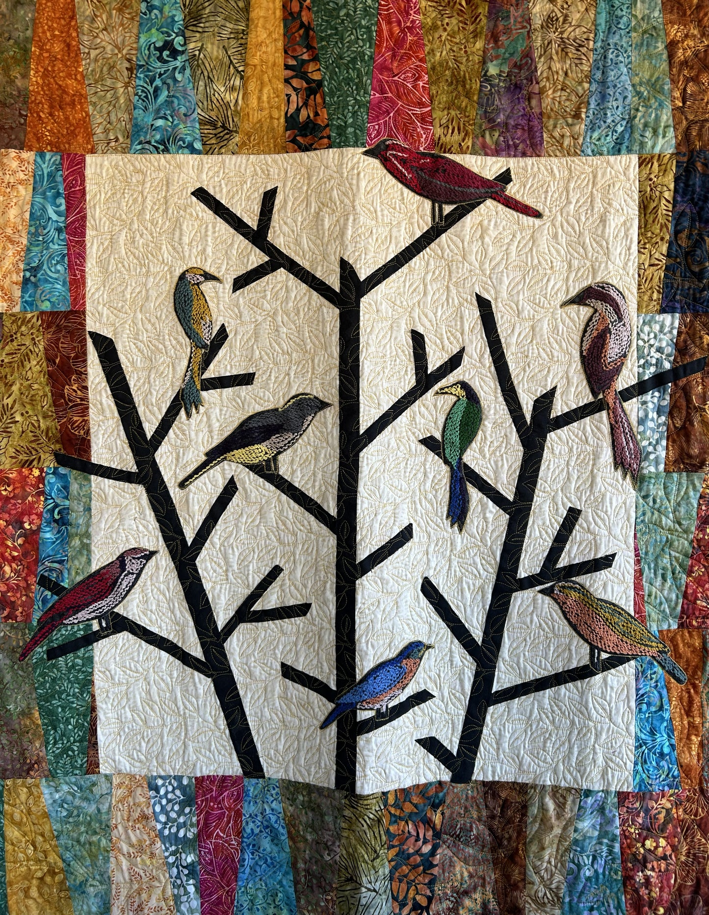 Sold Out Modern Multicolor Batik Bird Quilted Wall Hanging - Thread Art Colorful Bird Appliques - approx 60 x 75 inches