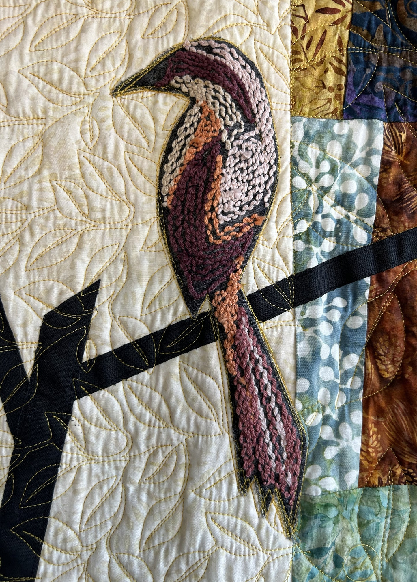 Sold Out Modern Multicolor Batik Bird Quilted Wall Hanging - Thread Art Colorful Bird Appliques - approx 60 x 75 inches