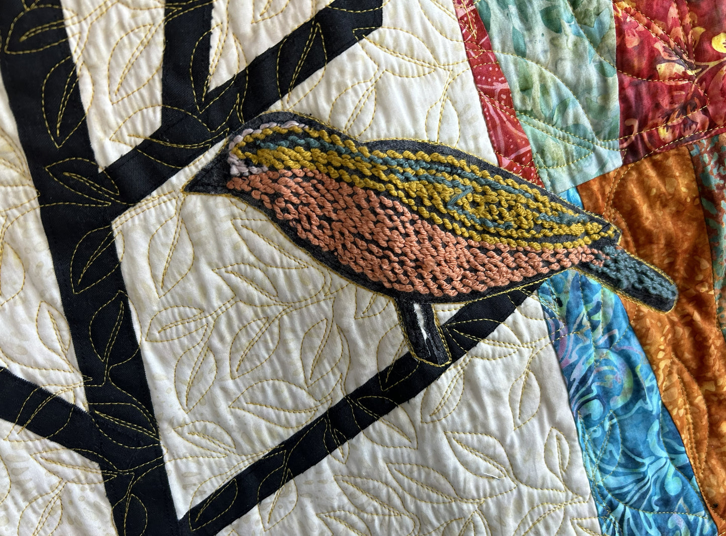 Sold Out Modern Multicolor Batik Bird Quilted Wall Hanging - Thread Art Colorful Bird Appliques - approx 60 x 75 inches