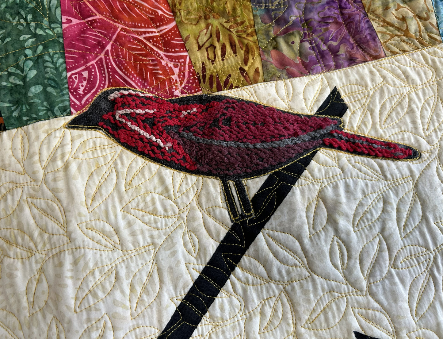 Sold Out Modern Multicolor Batik Bird Quilted Wall Hanging - Thread Art Colorful Bird Appliques - approx 60 x 75 inches