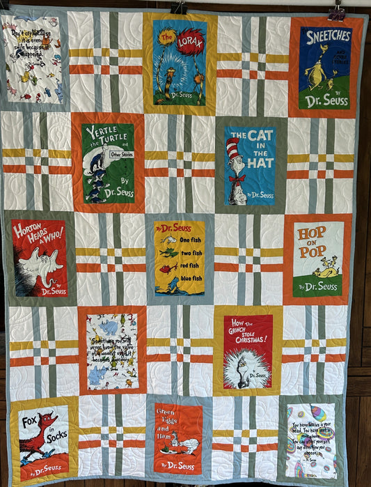 Dr Seuss Books Quilt Blanket Playmat For Baby or Toddler - Large size 48 x 64 inches - Baby Shower Gift Cat Hat Lorax Sneetches Yertle+