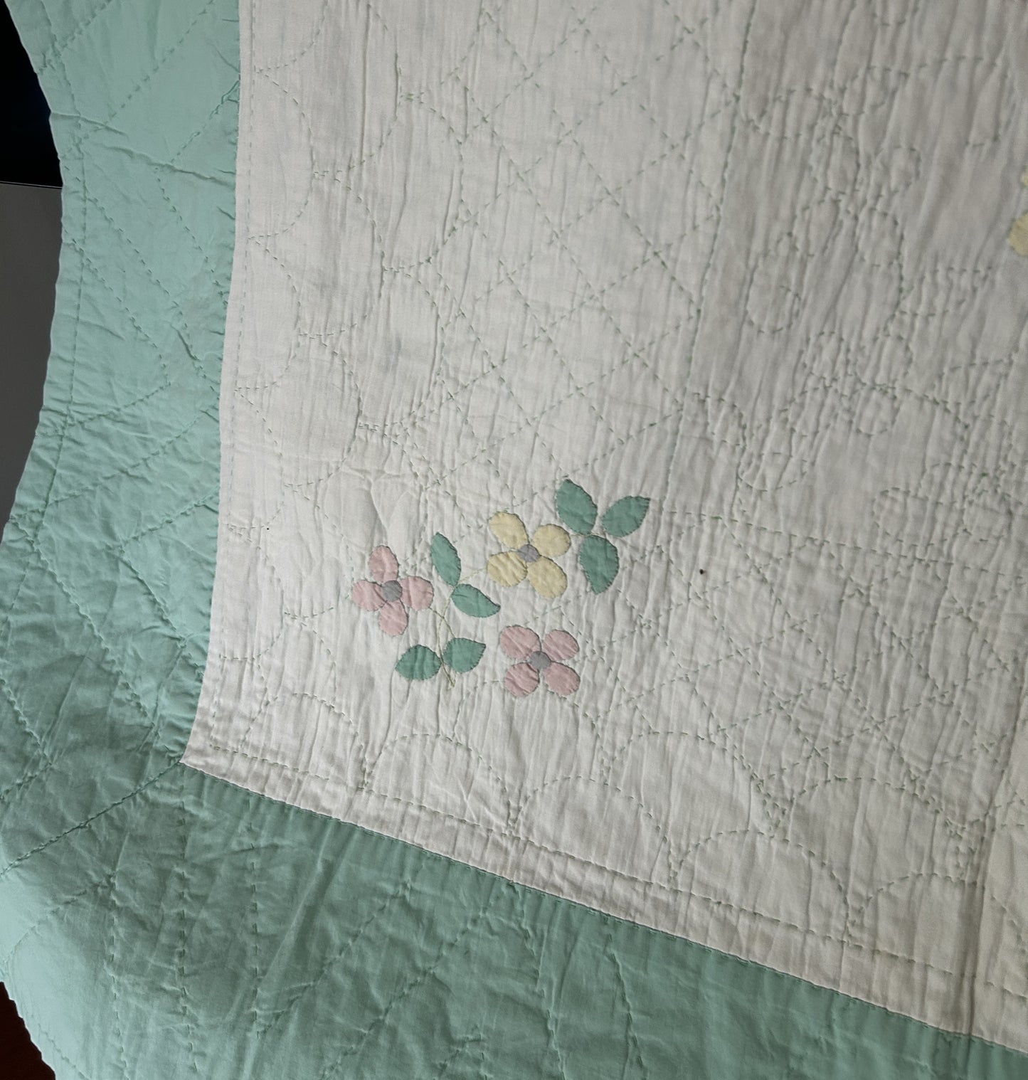 A Vintage 1960s Handmade Quilted Appliqued Embroidered Baby Quilt with Elephants, Flowers, Sun - white / green (52x62)