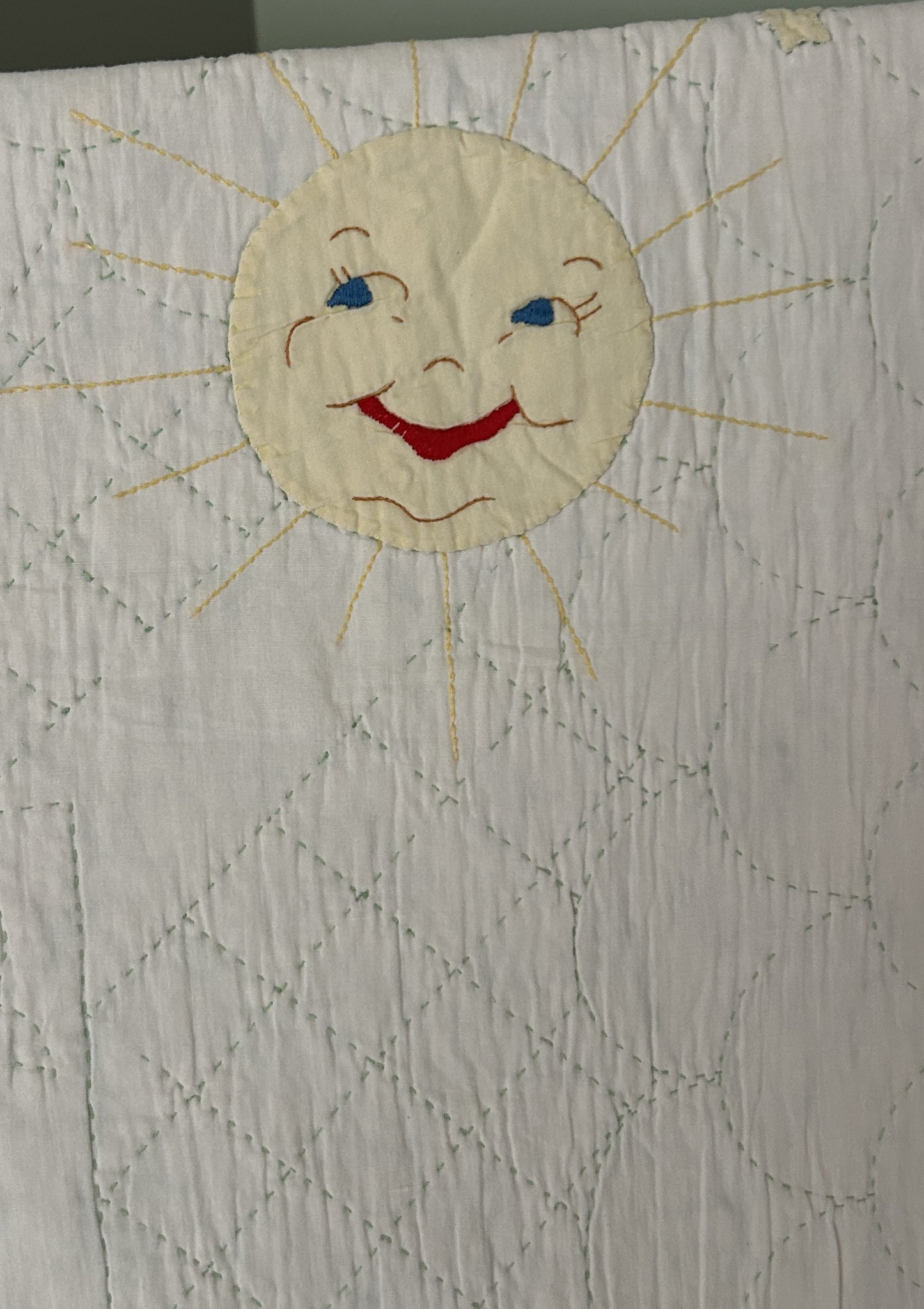 A Vintage 1960s Handmade Quilted Appliqued Embroidered Baby Quilt with Elephants, Flowers, Sun - white / green (52x62)