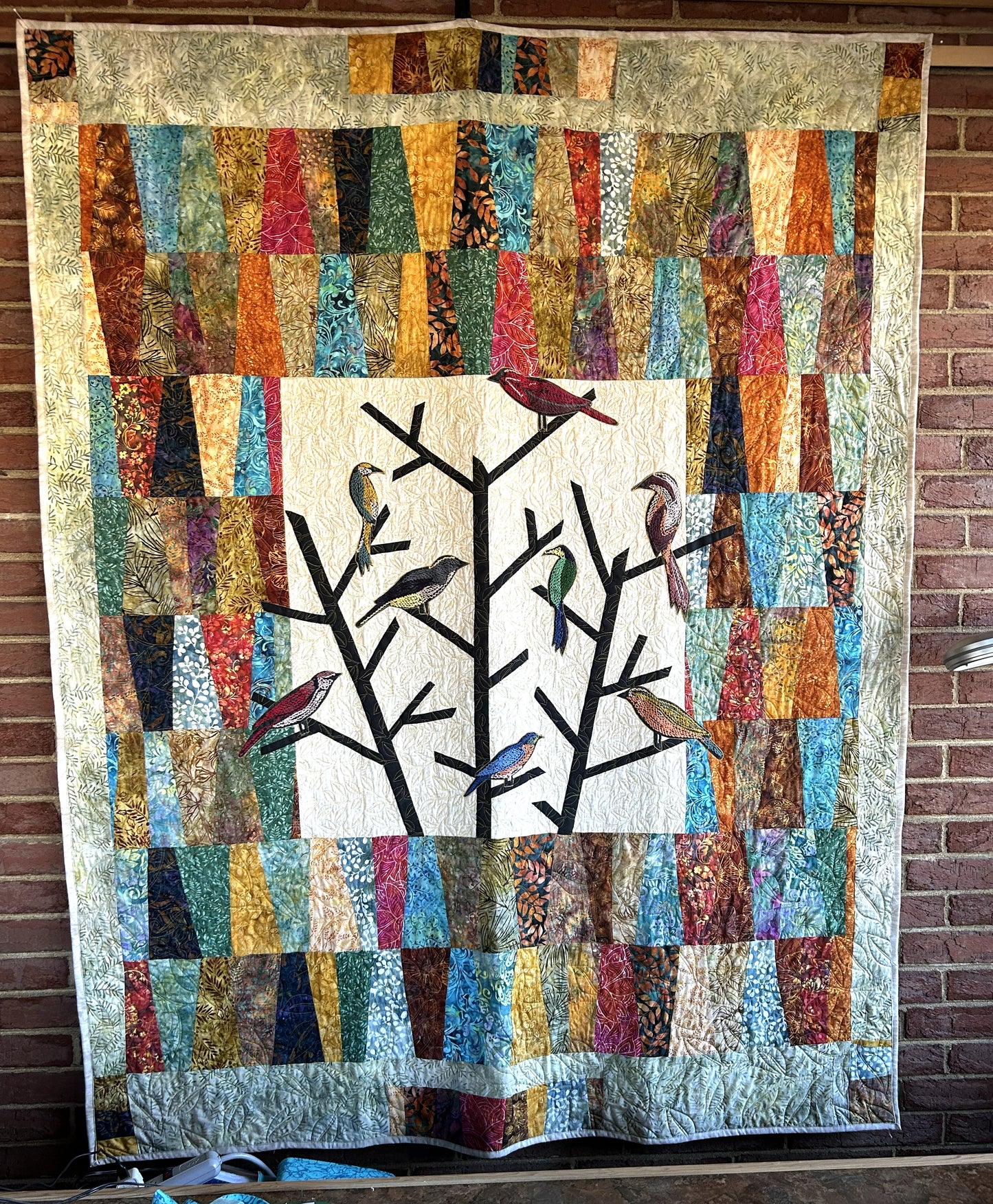 Sold Out Modern Multicolor Batik Bird Quilted Wall Hanging - Thread Art Colorful Bird Appliques - approx 60 x 75 inches