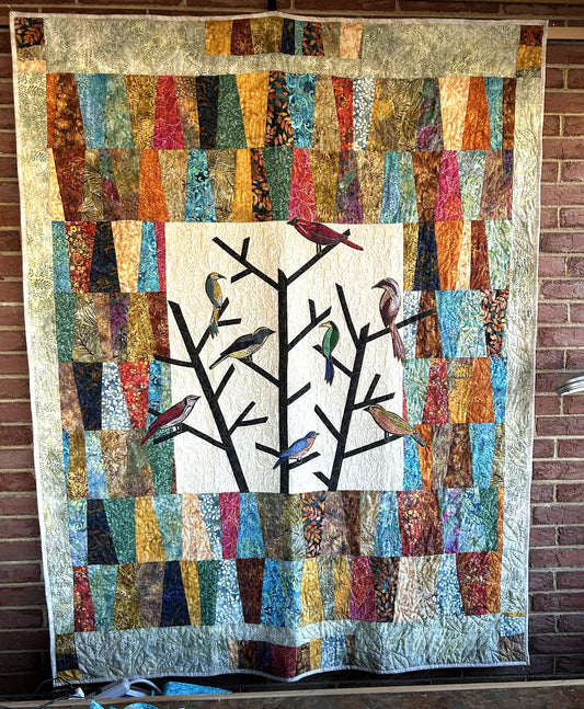 Sold Out Modern Multicolor Batik Bird Quilted Wall Hanging - Thread Art Colorful Bird Appliques - approx 60 x 75 inches