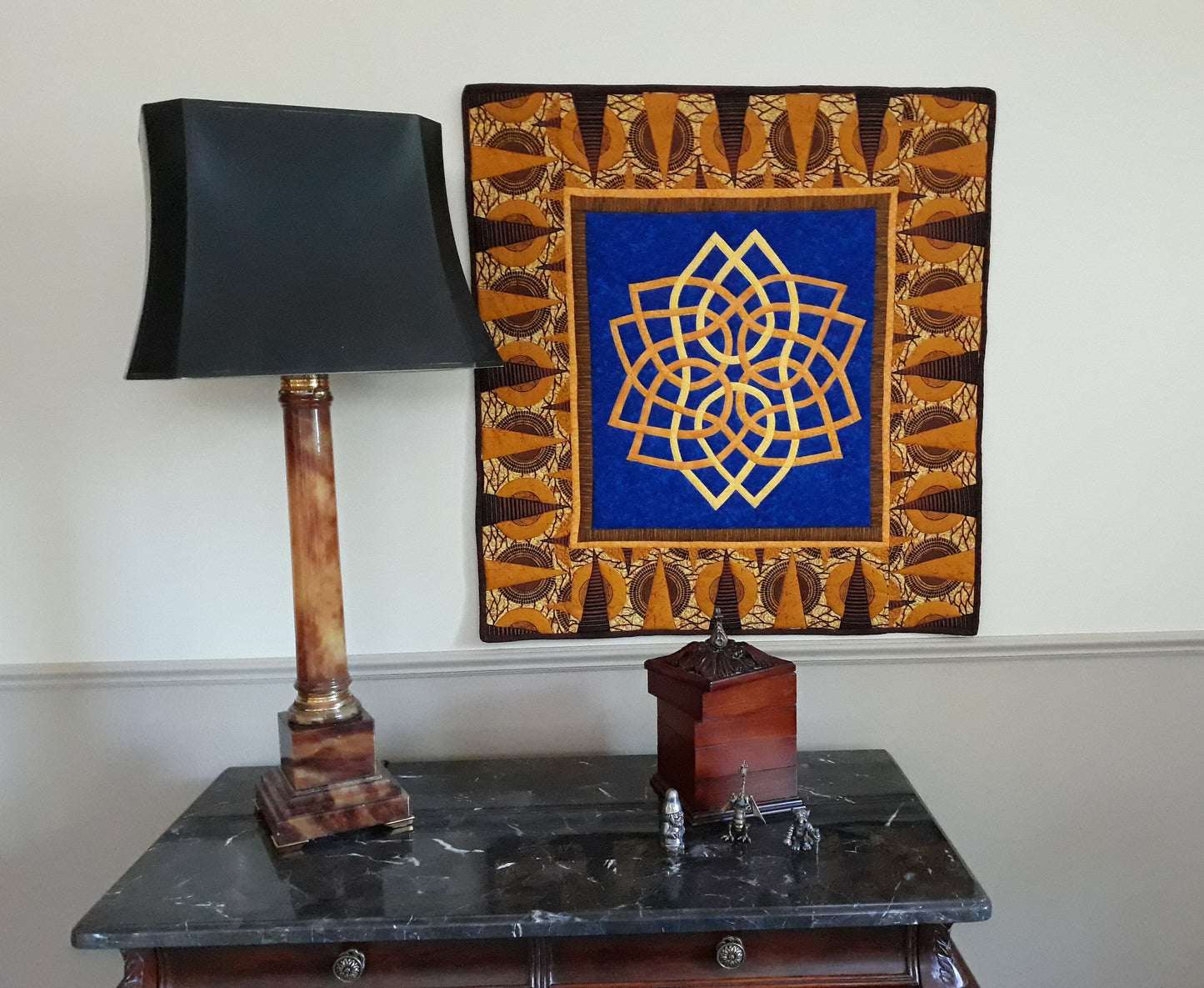 Interlacing Celtic Knot Quilt Wall Hanging, approx 30 x 30 inches, golds and royal blue