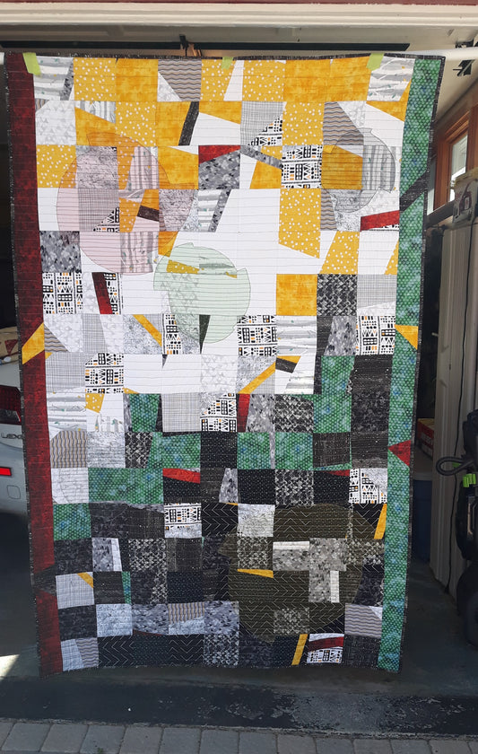 Fractured Squares and Circles Quilt Wall Hanging, approx 50 x 80 inches, yellows, greens, blacks, whites, reds