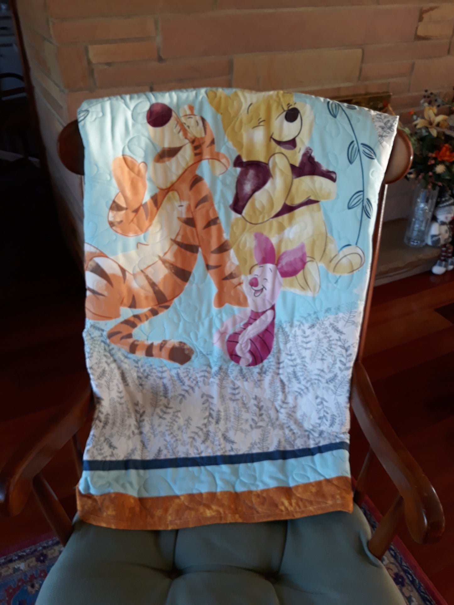 Pooh - WINNIE the POOH and TIGGER Too! Panel Quilt Blanket Playmat baby toddler - w/ Piglet - Large size 40 x 46 inches - Shower Gift - Gold Aqua