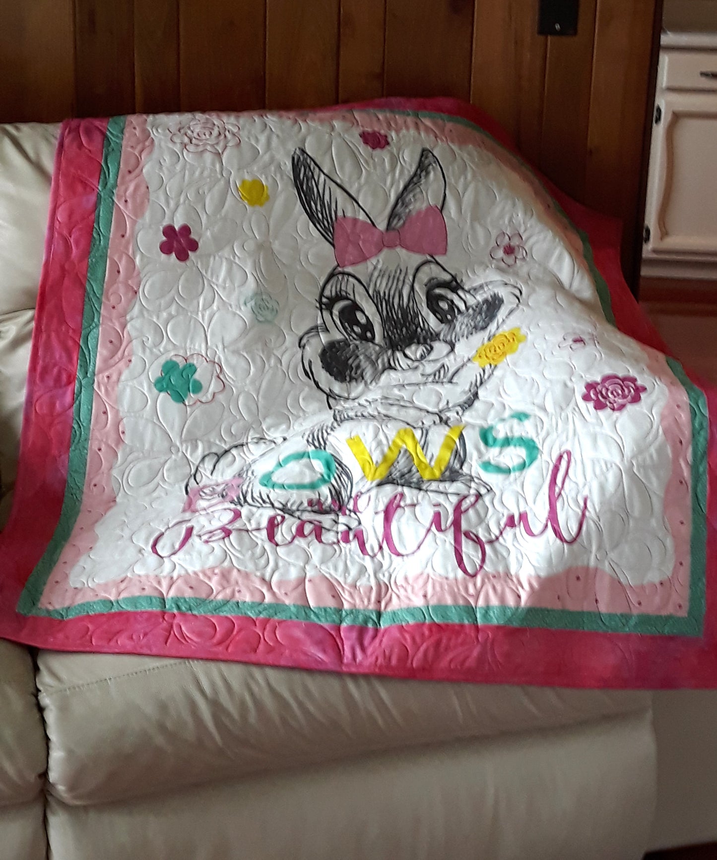 A Thumper Quilt Blanket Playmat for baby toddler - Bambi - Bows are Beautiful - Large size 42 x 50 inches - pink