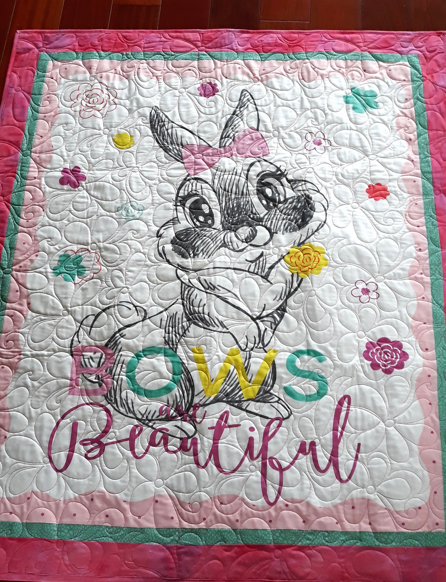 A Thumper Quilt Blanket Playmat for baby toddler - Bambi - Bows are Beautiful - Large size 42 x 50 inches - pink