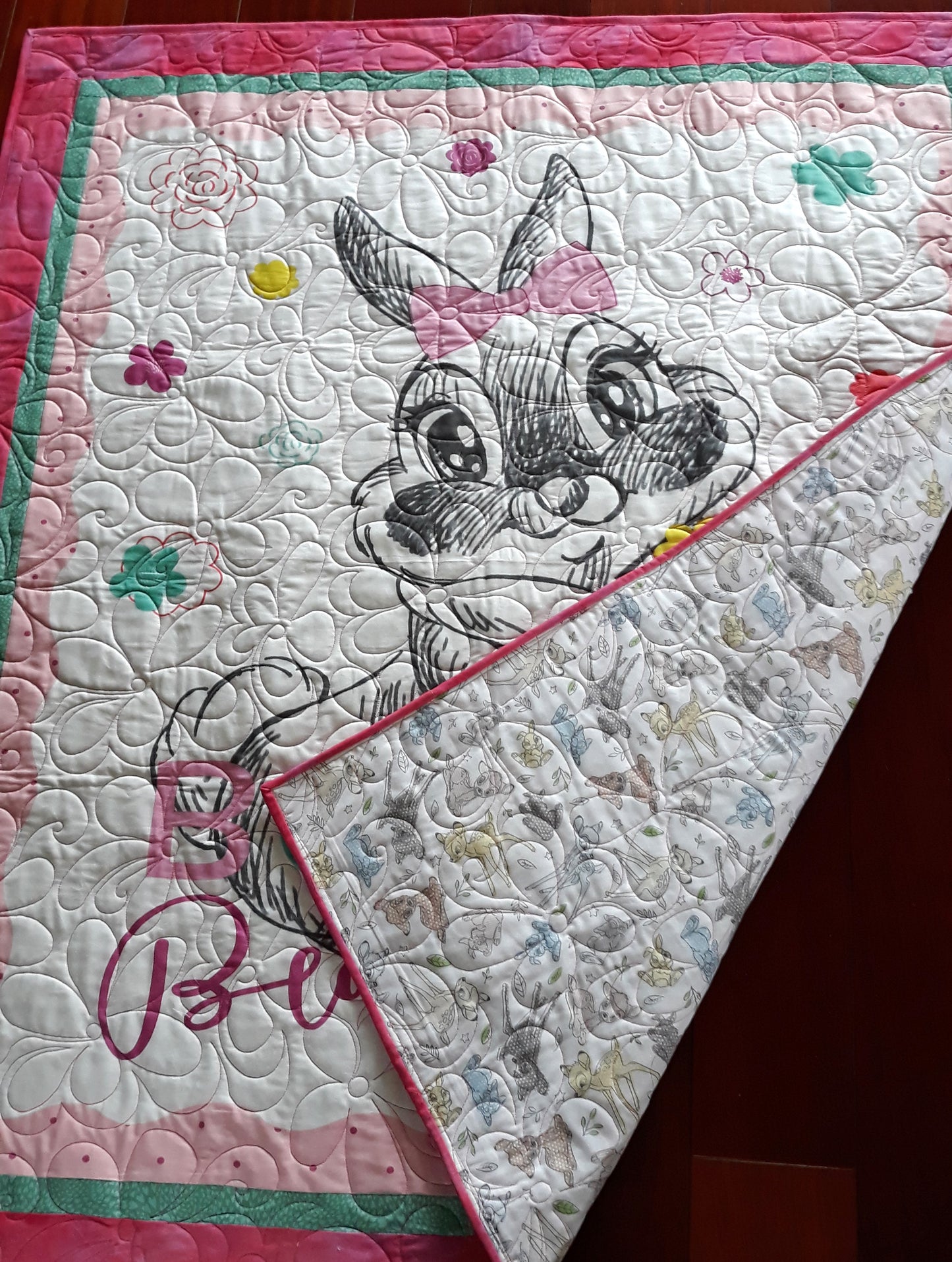 A Thumper Quilt Blanket Playmat for baby toddler - Bambi - Bows are Beautiful - Large size 42 x 50 inches - pink