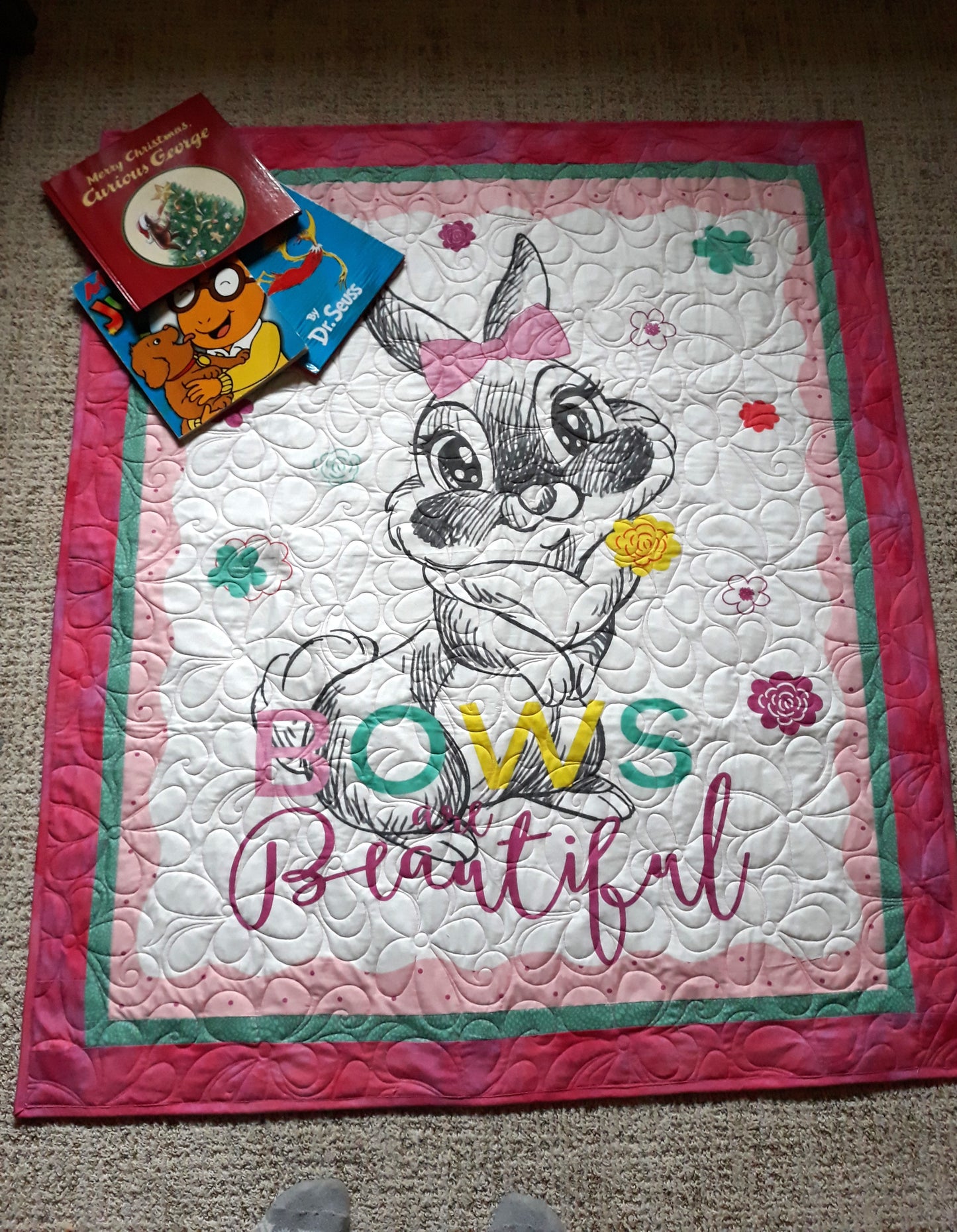 A Thumper Quilt Blanket Playmat for baby toddler - Bambi - Bows are Beautiful - Large size 42 x 50 inches - pink