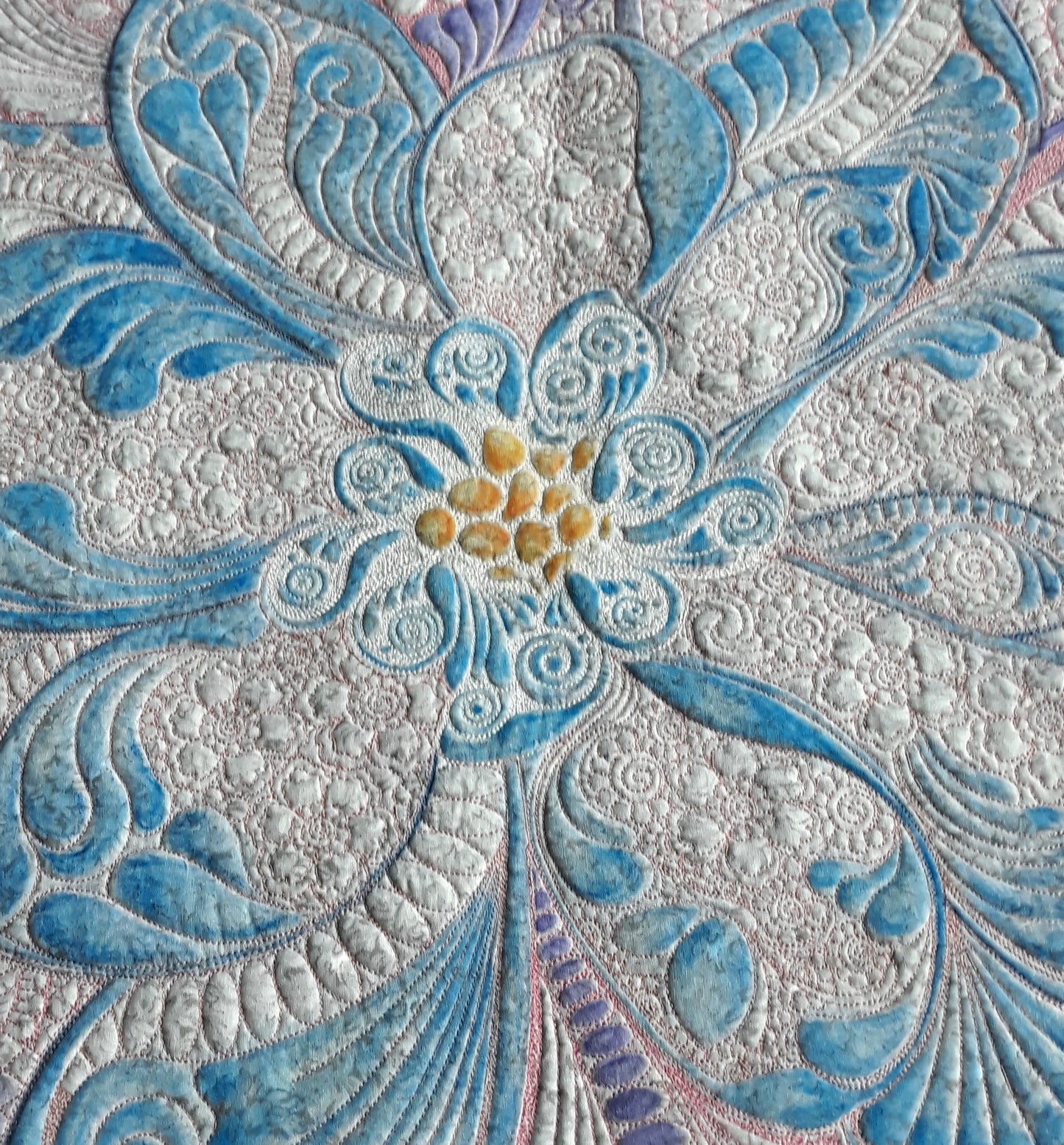 Dream Big Dahlia Embroidered Painted and Quilted Wall Hanging or Table topper, approx 54 x 54 inches, greys purples blues pinks batiks