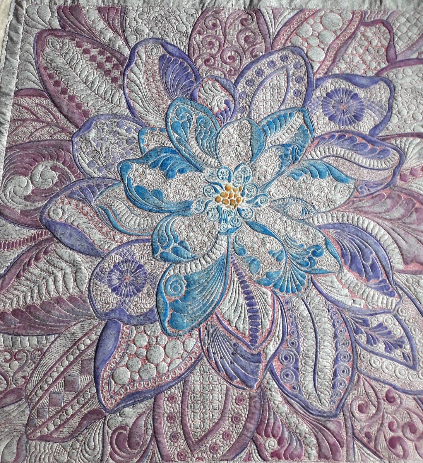 Dream Big Dahlia Embroidered Painted and Quilted Wall Hanging or Table topper, approx 54 x 54 inches, greys purples blues pinks batiks