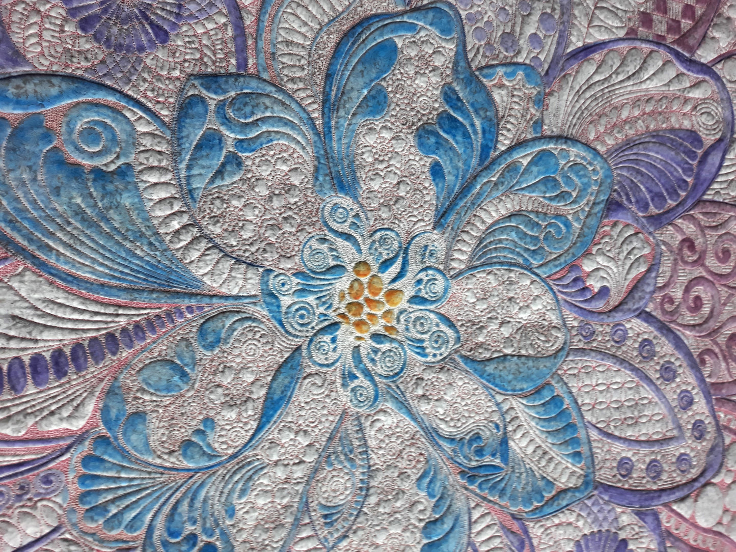 Dream Big Dahlia Embroidered Painted and Quilted Wall Hanging or Table topper, approx 54 x 54 inches, greys purples blues pinks batiks