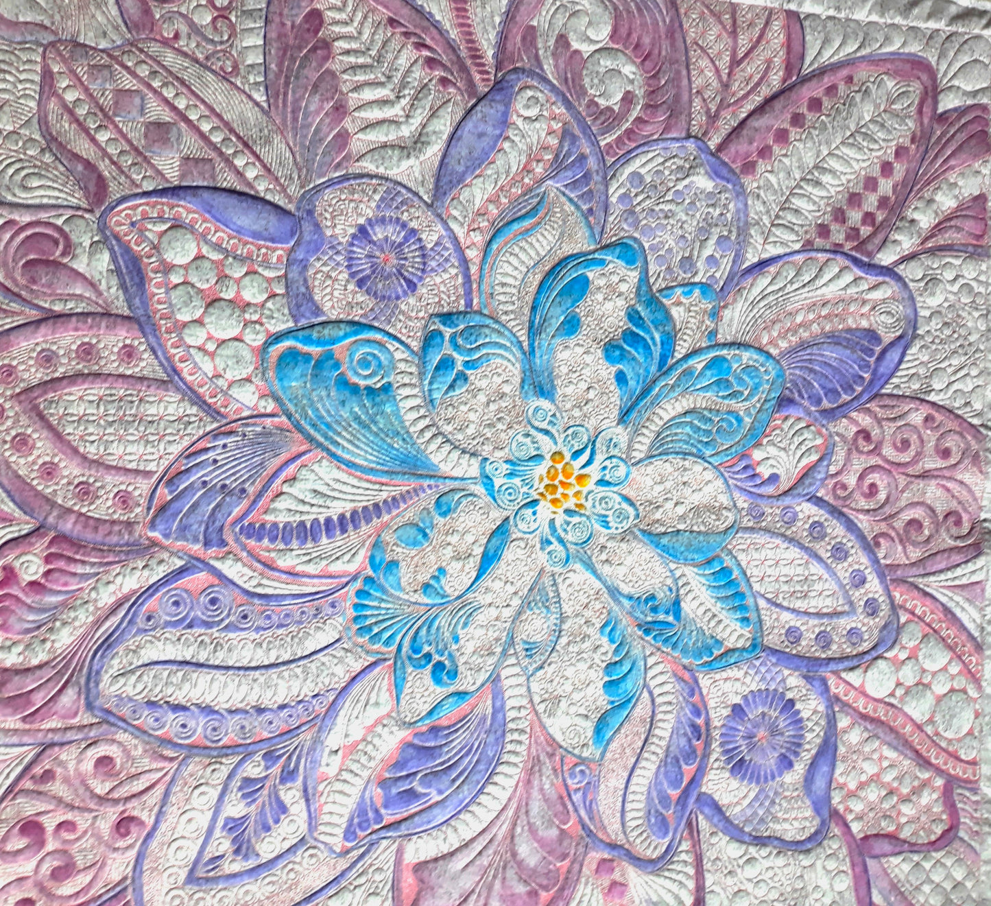 Dream Big Dahlia Embroidered Painted and Quilted Wall Hanging or Table topper, approx 54 x 54 inches, greys purples blues pinks batiks