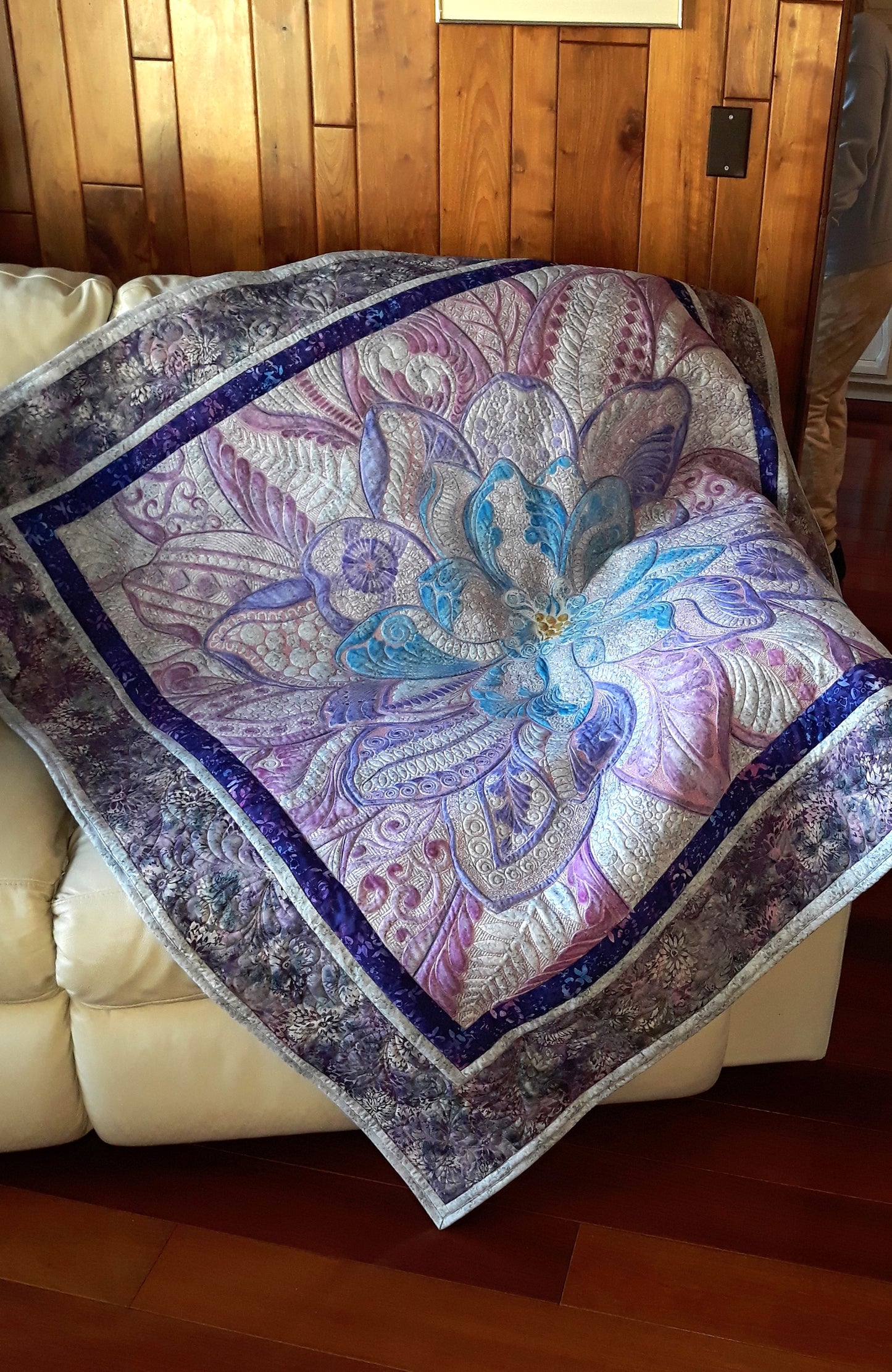 Dream Big Dahlia Embroidered Painted and Quilted Wall Hanging or Table topper, approx 54 x 54 inches, greys purples blues pinks batiks