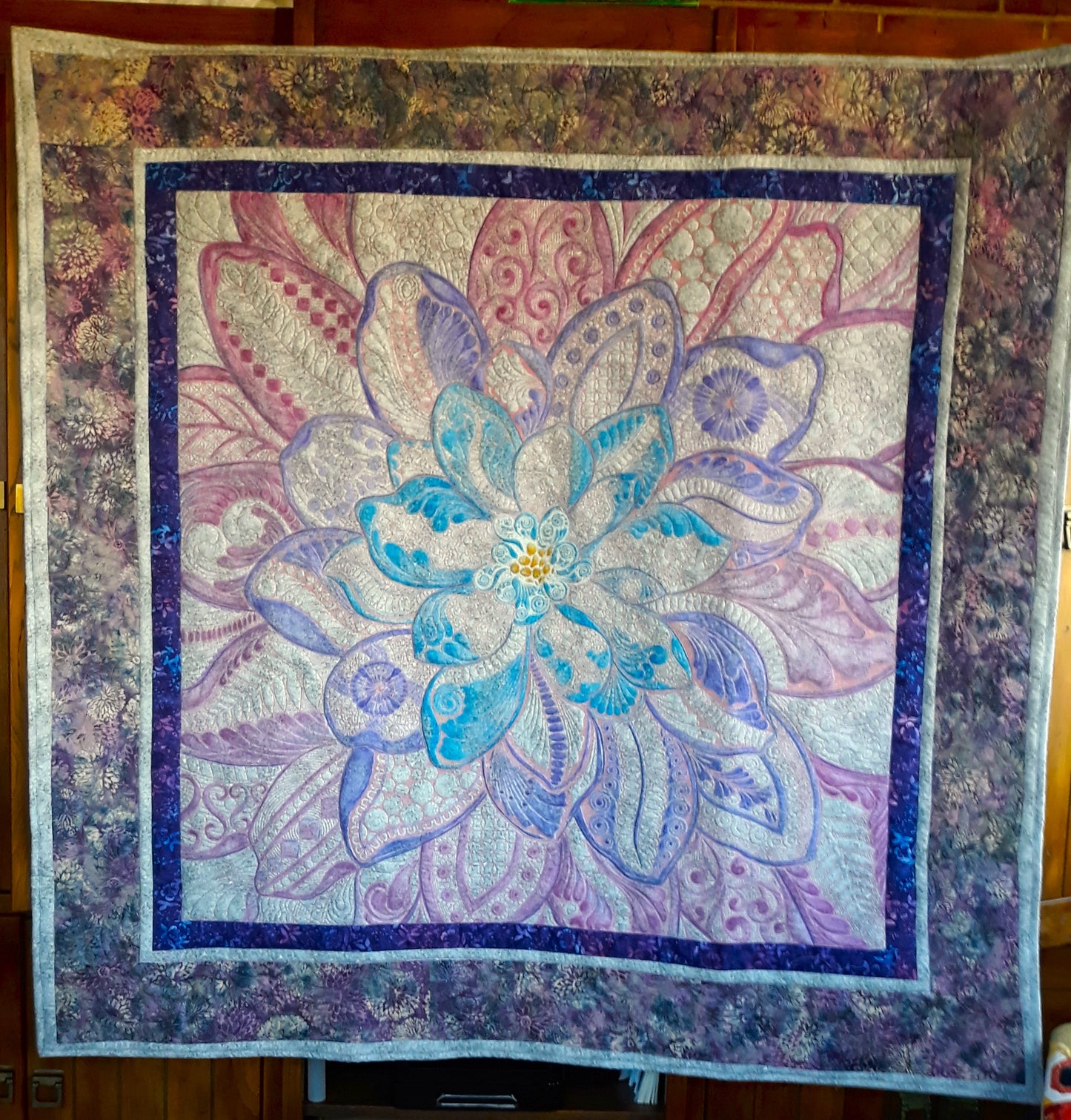 Dream Big Dahlia Embroidered Painted and Quilted Wall Hanging or Table topper, approx 54 x 54 inches, greys purples blues pinks batiks