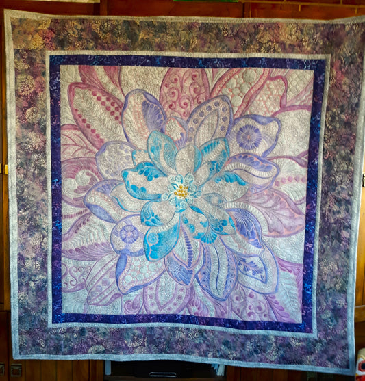 Dream Big Dahlia Embroidered Painted and Quilted Wall Hanging or Table topper, approx 54 x 54 inches, greys purples blues pinks batiks