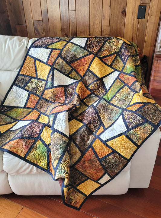 Batik Mosaic Quilt Throw Wall Hanging - Browns, Golds, Greens, Earth tones approx 52 x 74 inches handmade machine quilted edge to edge