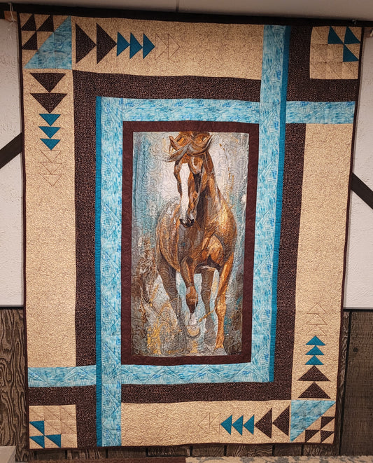 Spirited Iberian Horse Stallion Quilt Throw Wall Hanging - Browns, beiges teals approx 60 x 80 inches Flannel backing panel by Elise Genest