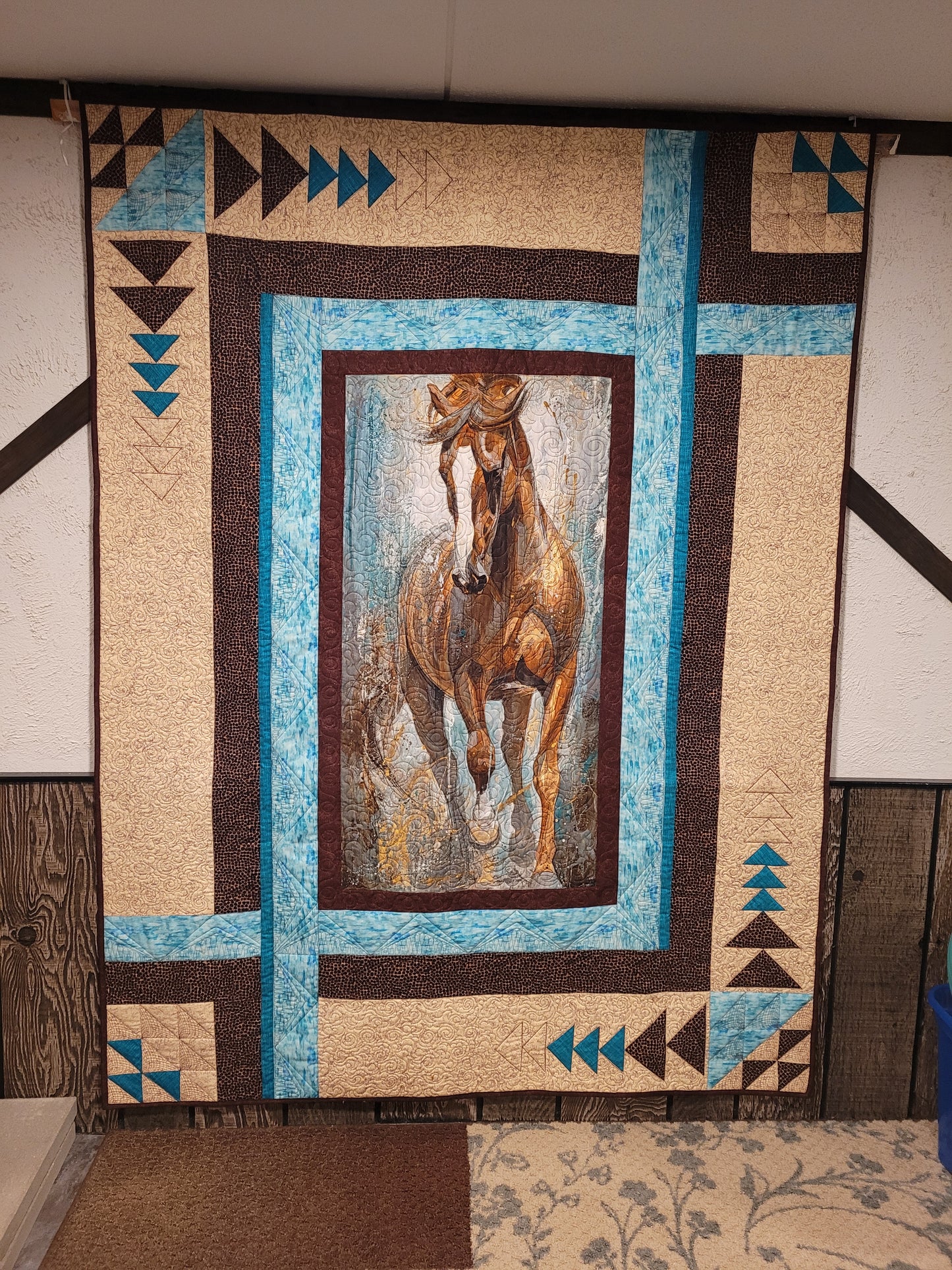 Spirited Iberian Horse Stallion Quilt Throw Wall Hanging - Browns, beiges teals approx 60 x 80 inches Flannel backing panel by Elise Genest