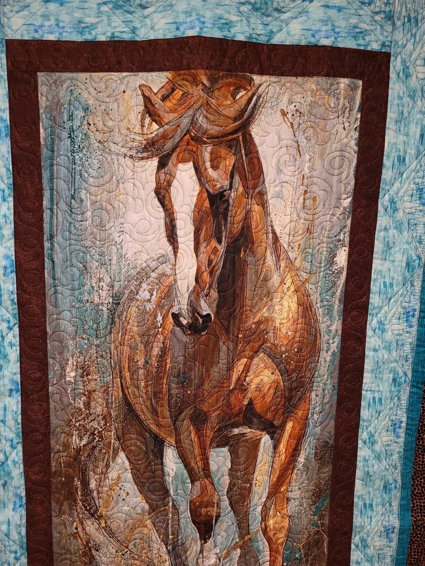 Spirited Iberian Horse Stallion Quilt Throw Wall Hanging - Browns, beiges teals approx 60 x 80 inches Flannel backing panel by Elise Genest