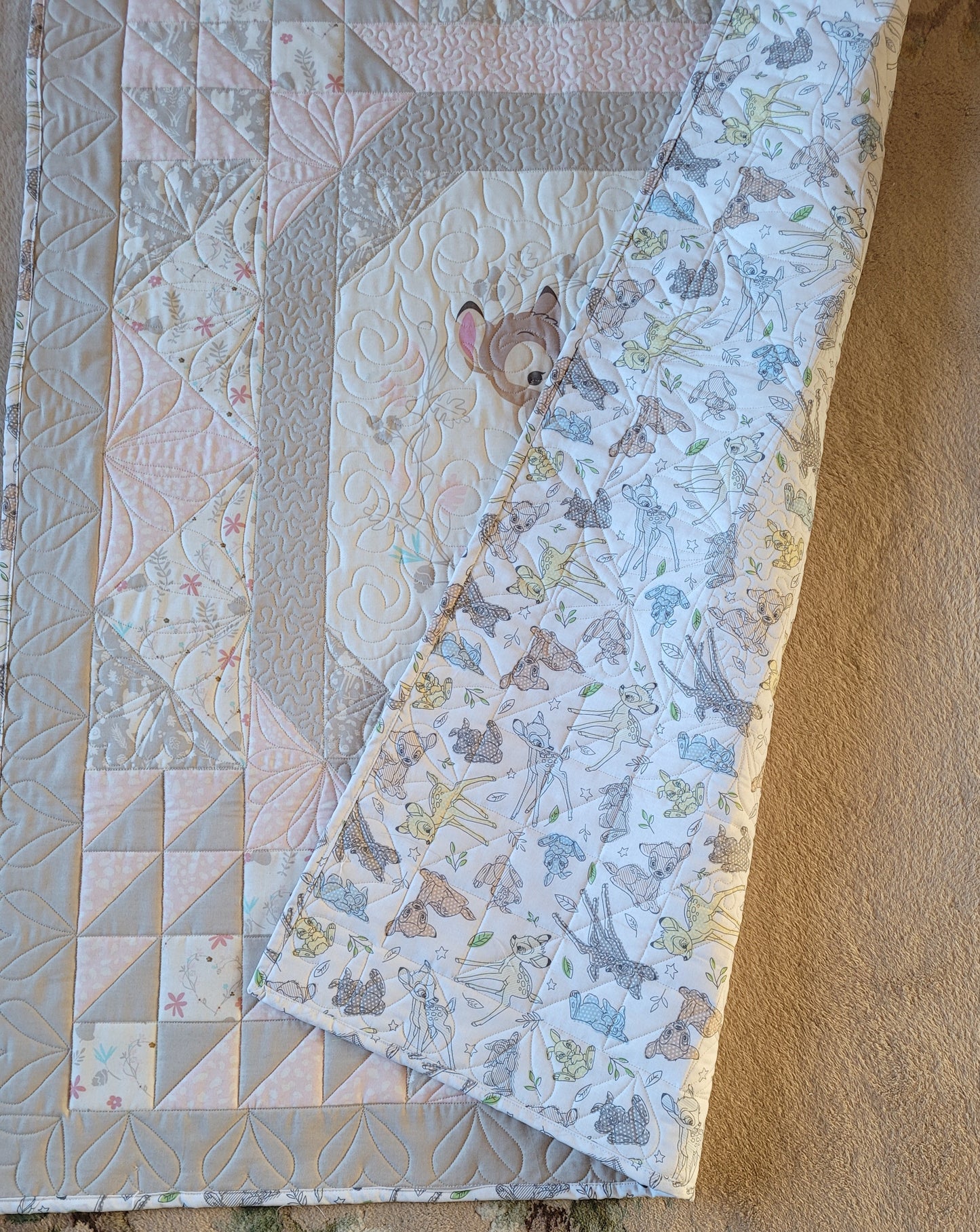 BAMBI Quilt Blanket for baby for toddler - Disney - approx 36 x 44 inches - Shower Gift - Pastels Pinks & Beiges