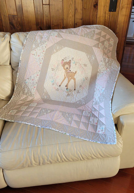 BAMBI Quilt Blanket for baby for toddler - Disney - approx 36 x 44 inches - Shower Gift - Pastels Pinks & Beiges