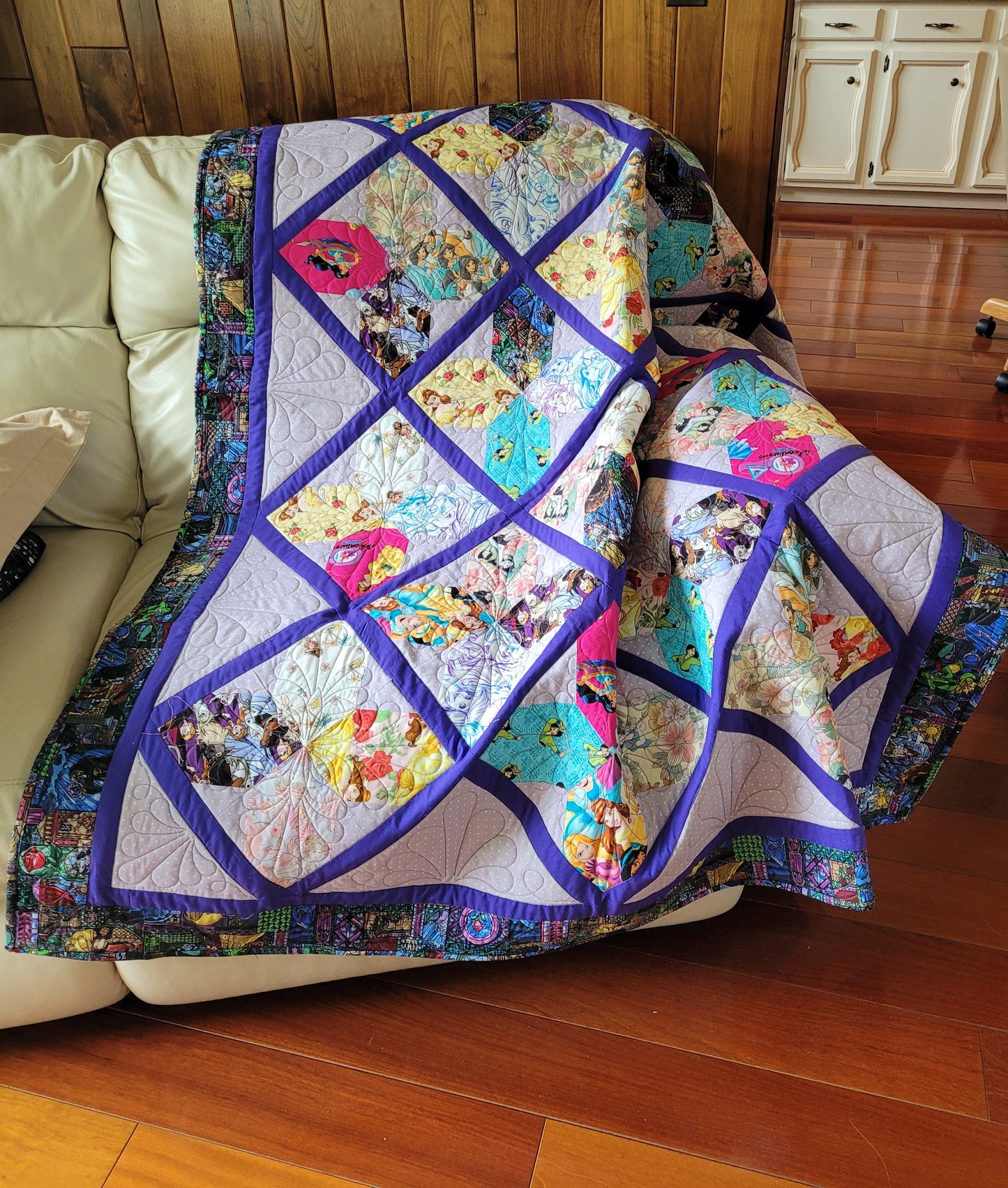 Sold Princess Quilt blanket wall handing - Ariel Mulan Anna Elsa Jasmine Snow White Belle Cinderella Rapunzel Purple Large size 54 x 70 inches