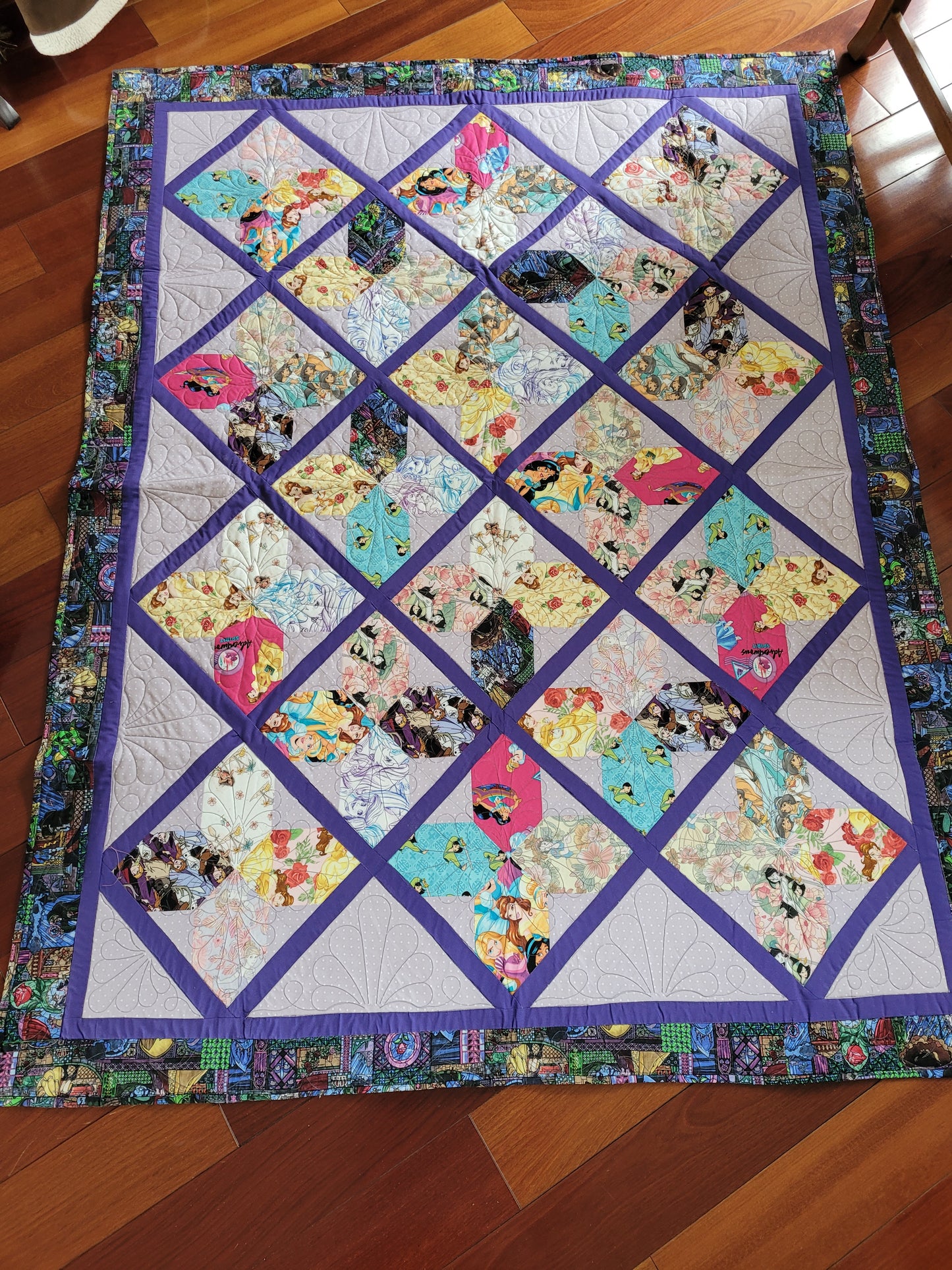 Sold Princess Quilt blanket wall handing - Ariel Mulan Anna Elsa Jasmine Snow White Belle Cinderella Rapunzel Purple Large size 54 x 70 inches