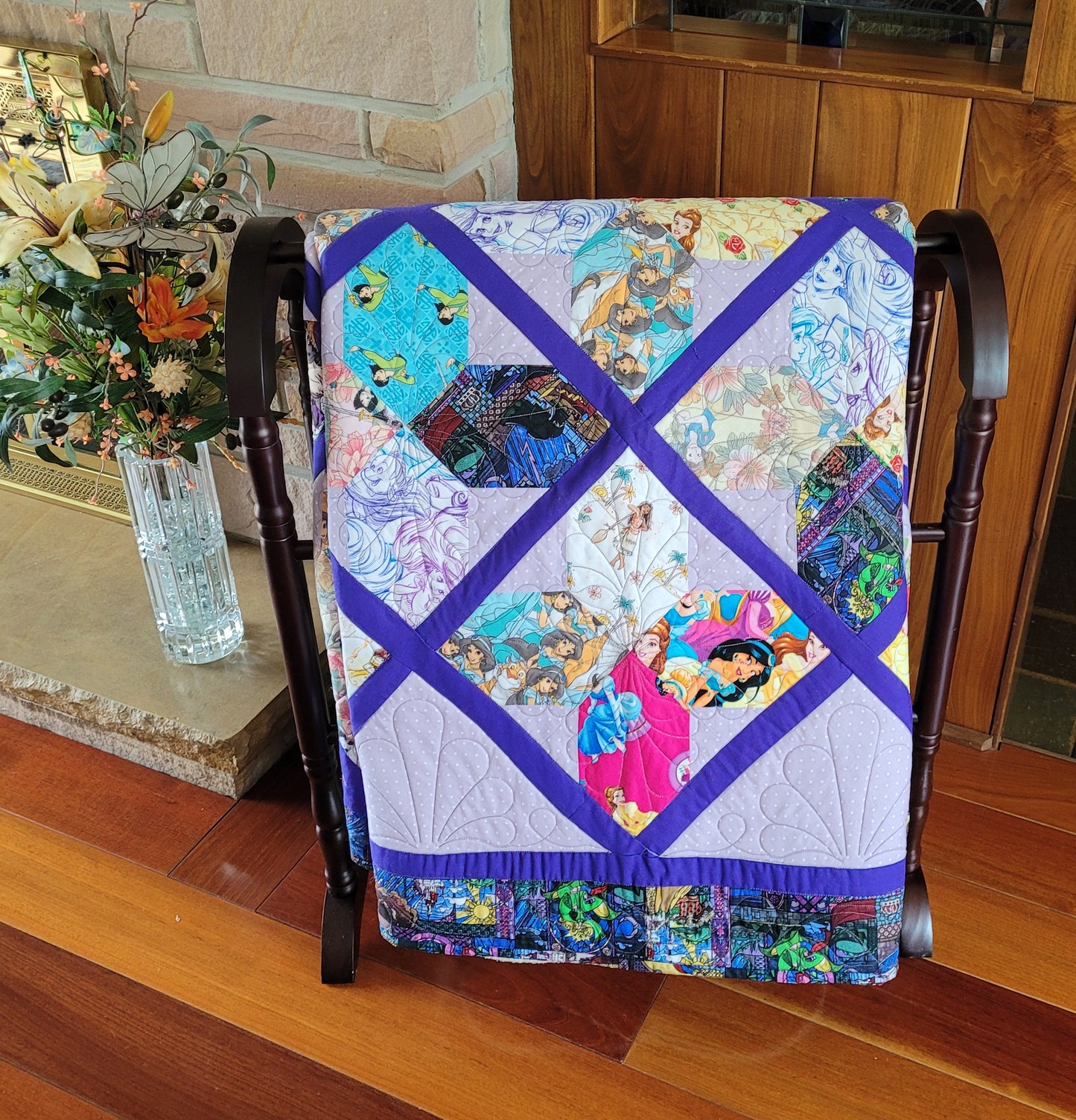 Sold Princess Quilt blanket wall handing - Ariel Mulan Anna Elsa Jasmine Snow White Belle Cinderella Rapunzel Purple Large size 54 x 70 inches