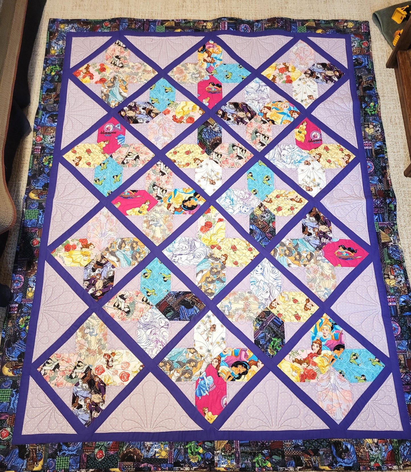 Sold Princess Quilt blanket wall handing - Ariel Mulan Anna Elsa Jasmine Snow White Belle Cinderella Rapunzel Purple Large size 54 x 70 inches